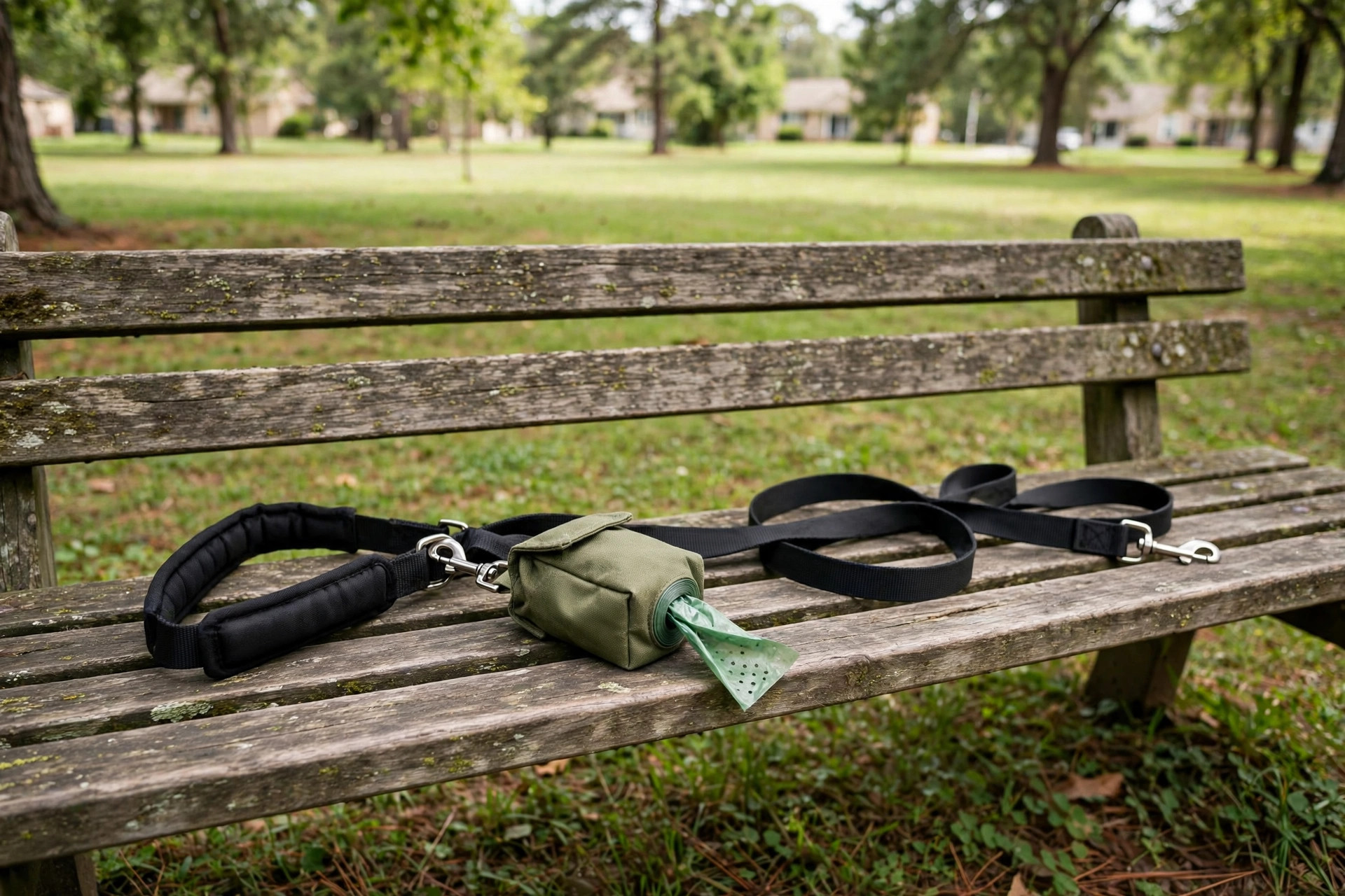 A dog poop bag holder for leash walks USA attached to a leash on a park path