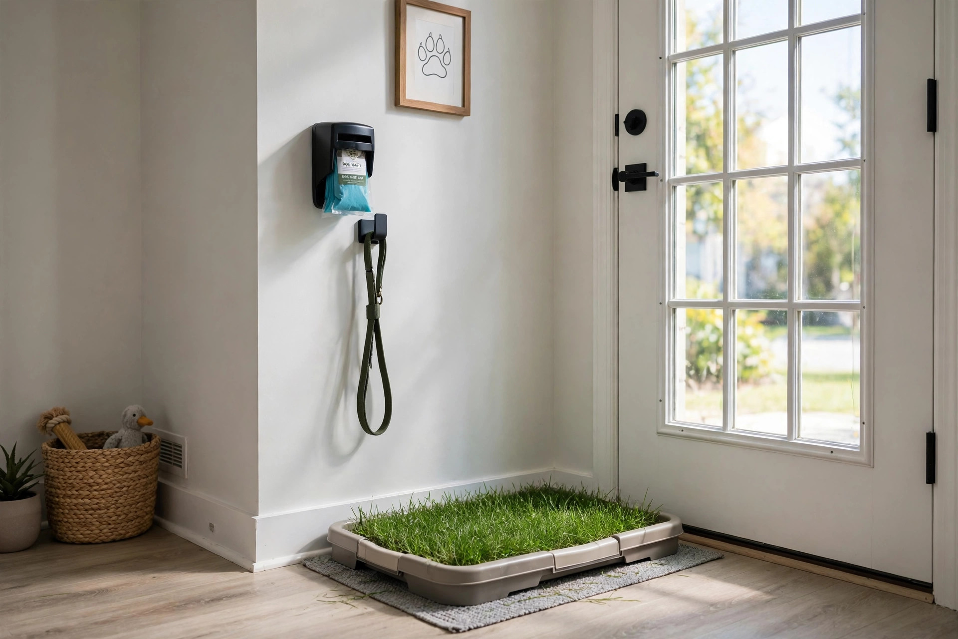 indoor dog potty for apartment living training: Indoor dog potty station set up in a clean apartment corner