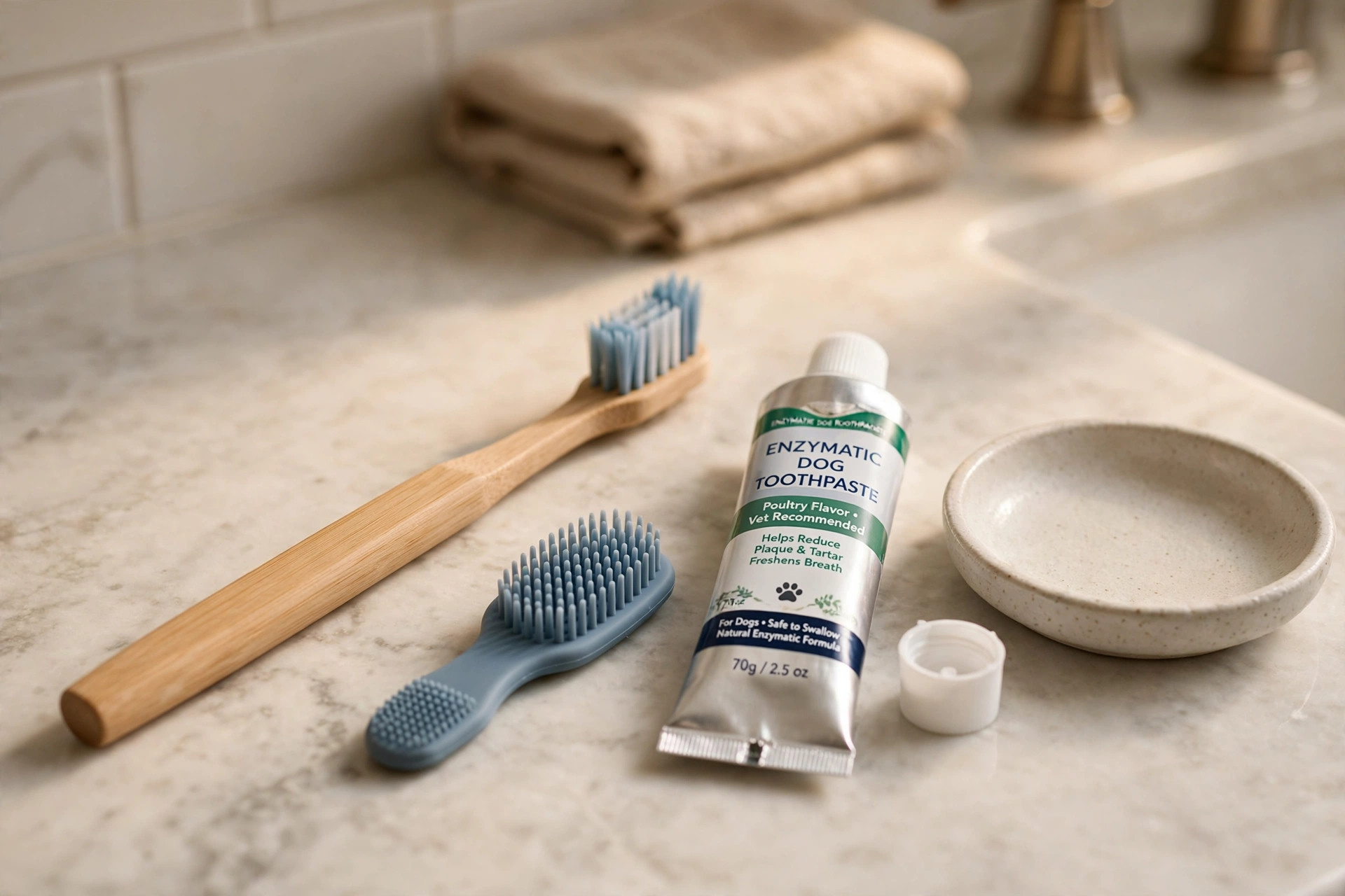 Best dog toothbrush kit for dental health laid out on a bathroom counter