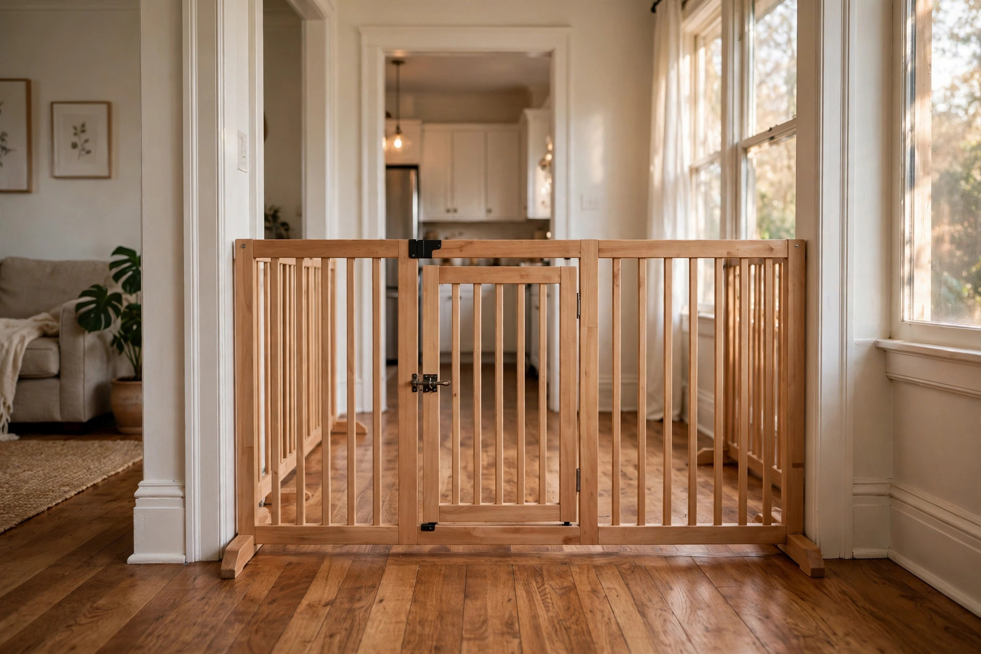 pet gate freestanding for wide doorways usa: Freestanding pet gate spanning a wide doorway in an American home