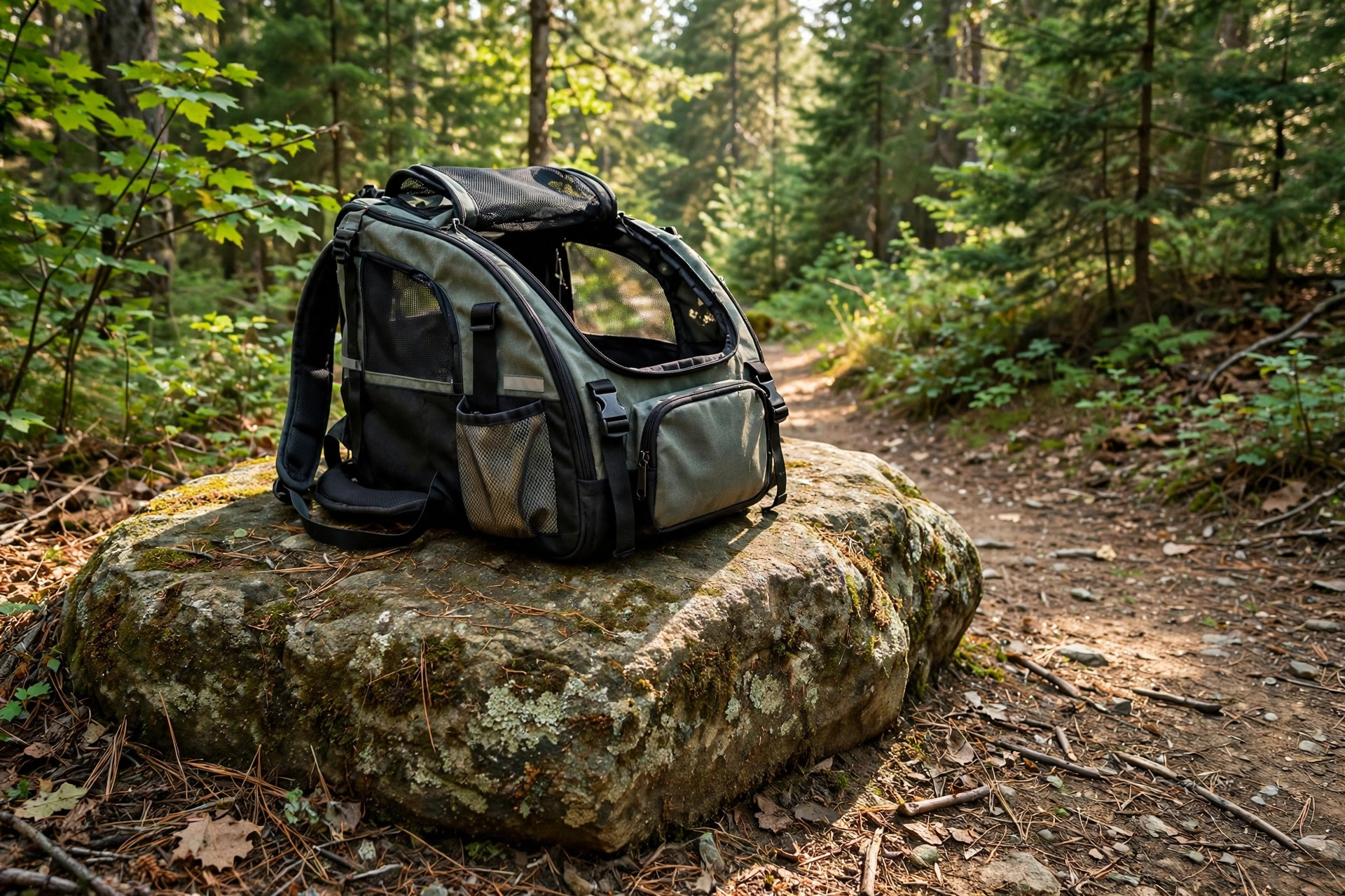 A dog backpack carrier for hiking small breeds on a forest trail