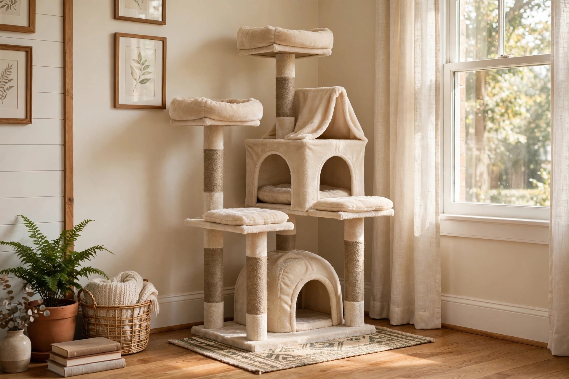 A cat tree with hiding spots for shy cats in a sunny American living room