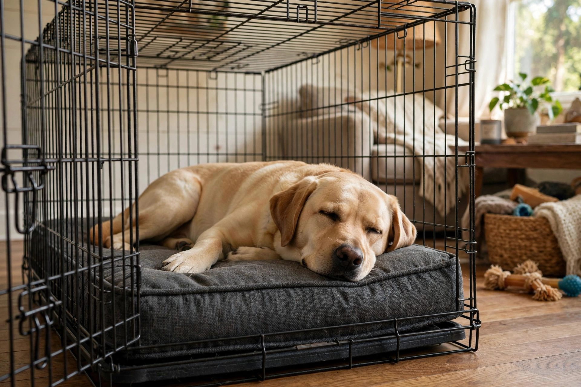 best dog crate pad for anxious chewers: Dog resting on a chew-resistant crate pad inside a wire crate