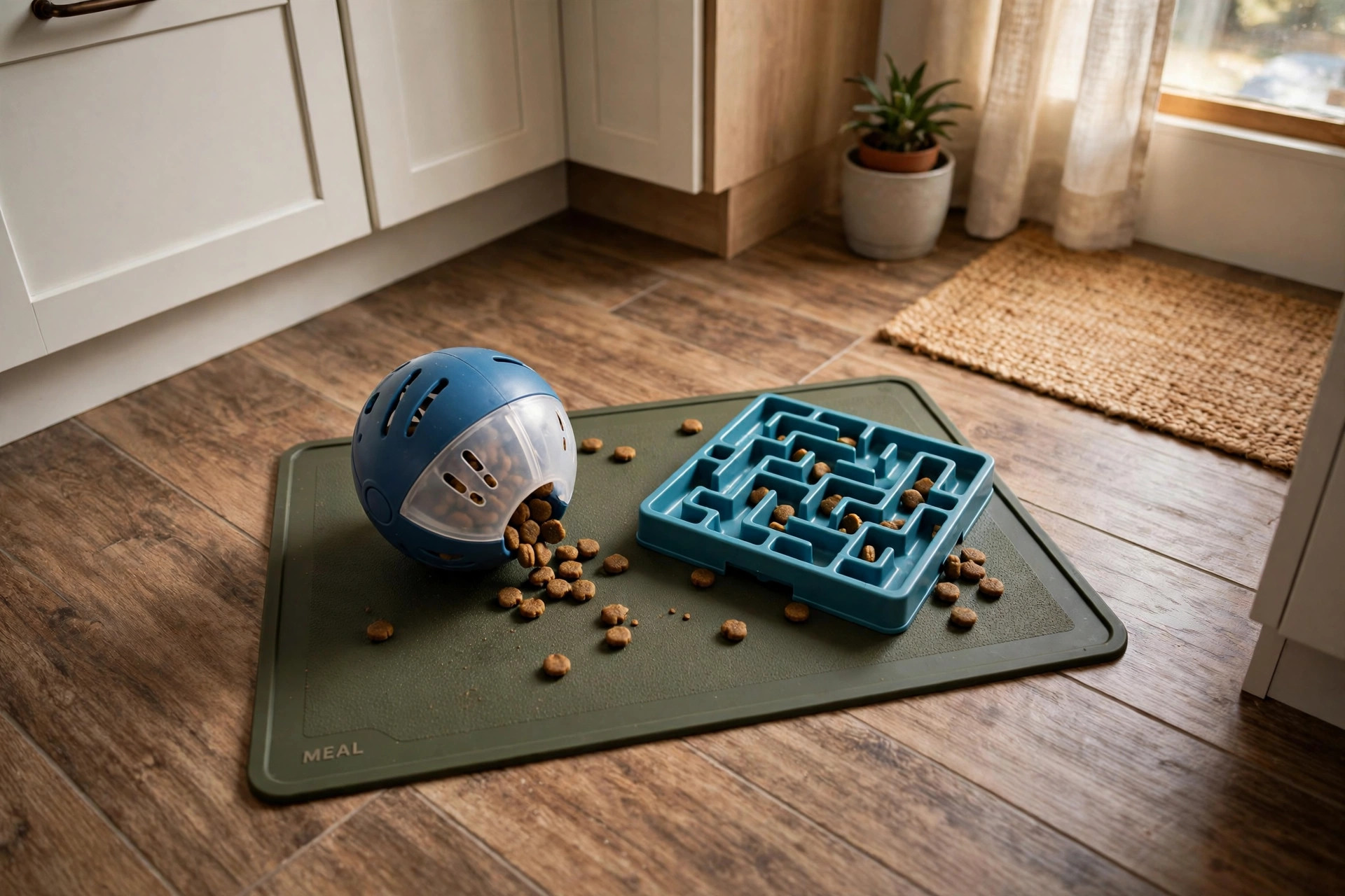 best cat food puzzle feeder for mental stimulation: Cat food puzzle feeder for mental stimulation in a home kitchen