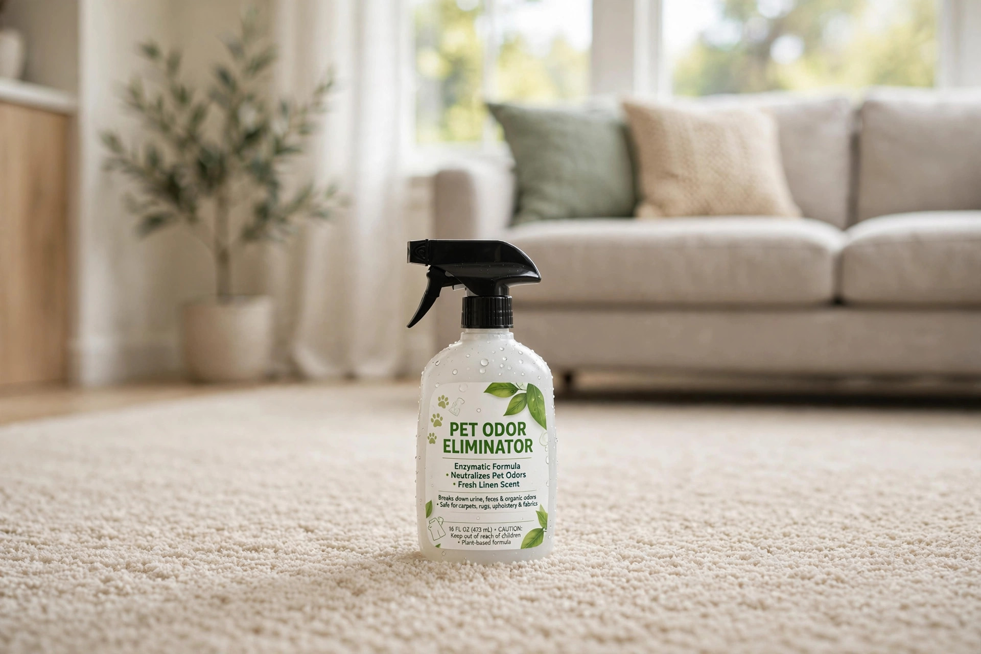 best pet odor eliminator spray for carpets: Spray bottle of pet odor eliminator beside a carpet in a living room