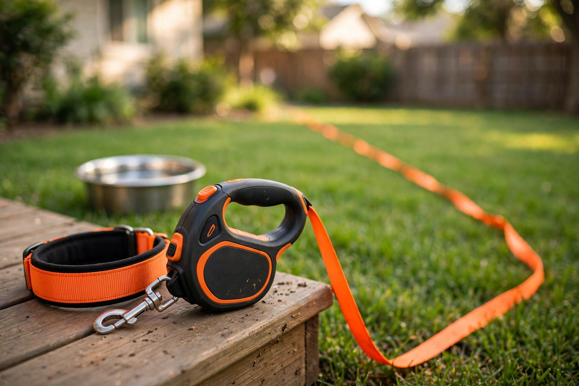 A heavy duty retractable leash handle and tape near a dog collar on a porch, showing the best dog leash retractable for large dogs