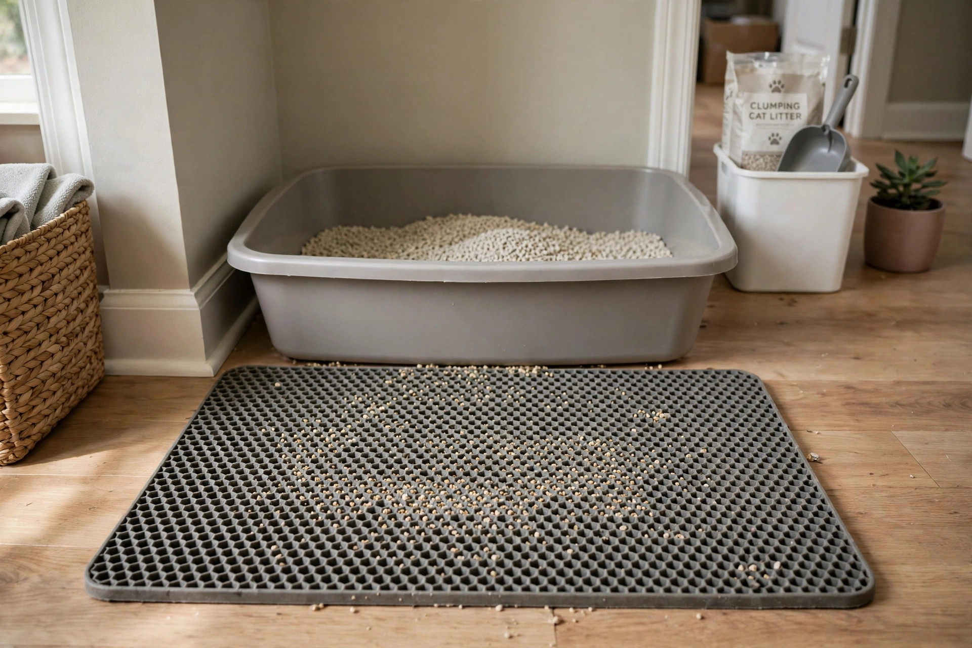 Cat litter mat to trap litter tracking in front of a litter box