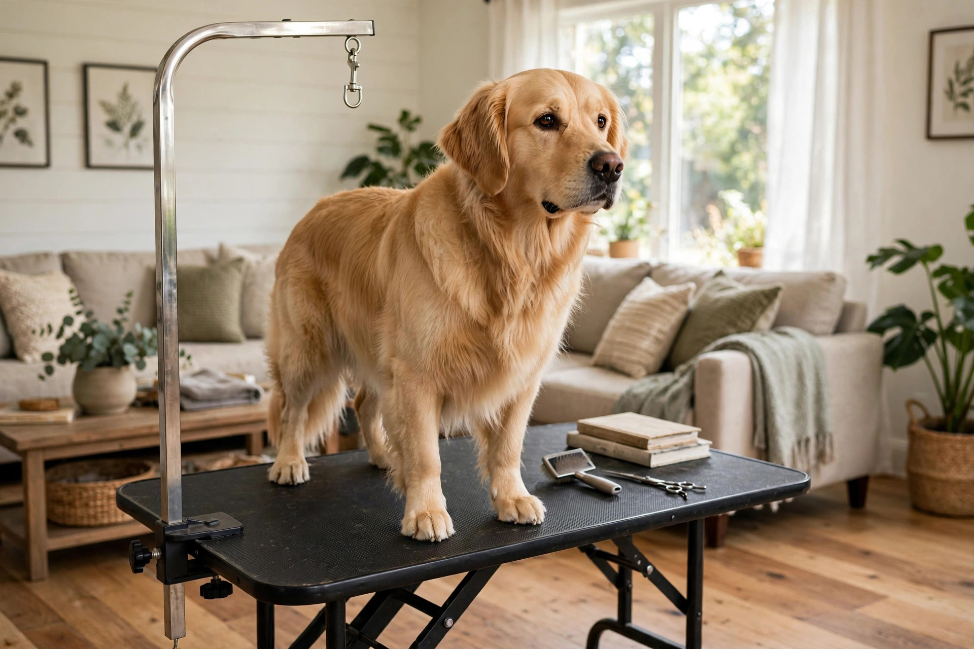 Dog standing on the best pet grooming table for home use dogs in a bright living room