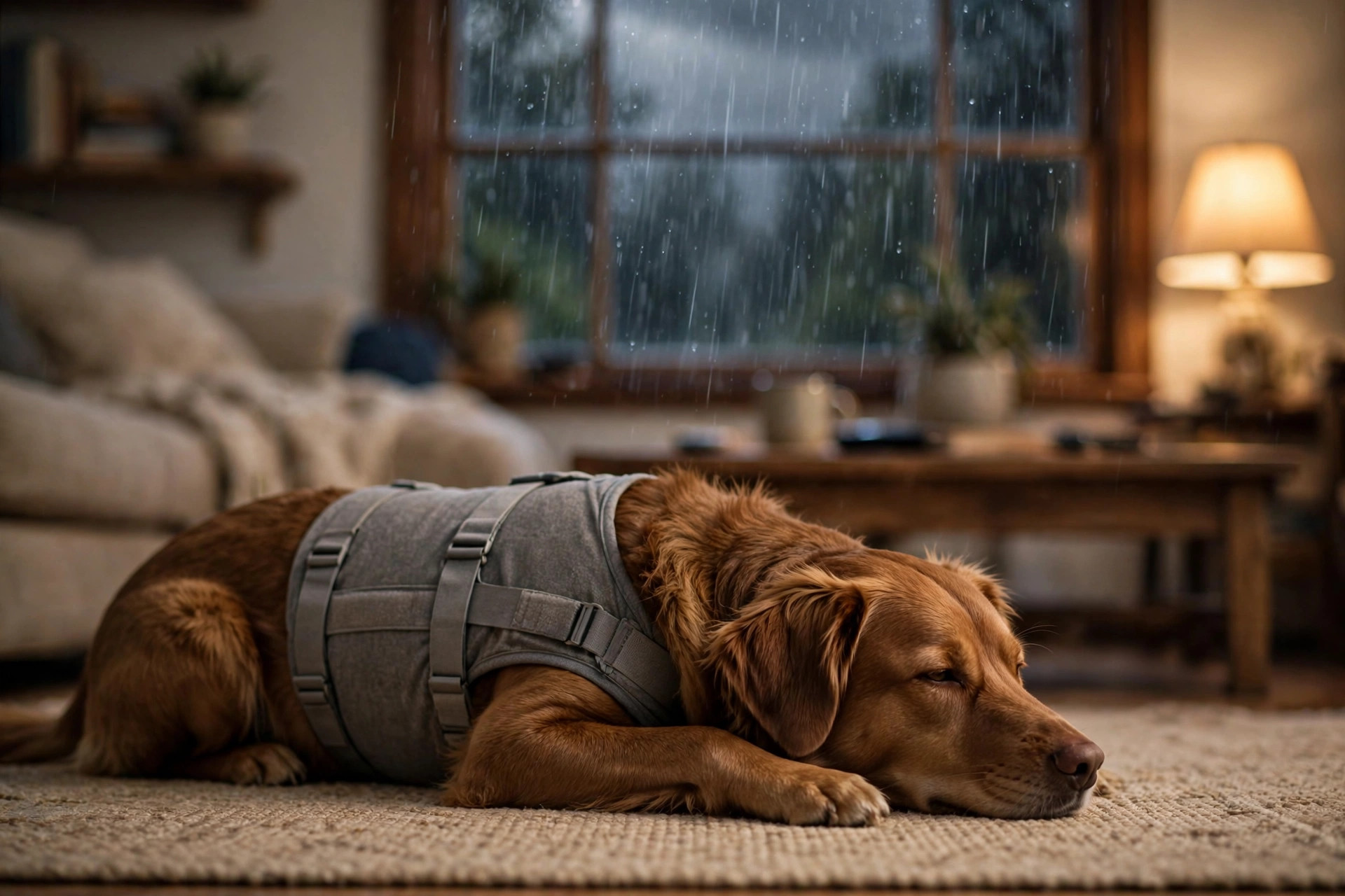 dog anxiety vest for thunderstorms and fireworks: A dog wearing a calming anxiety vest resting on a living room rug