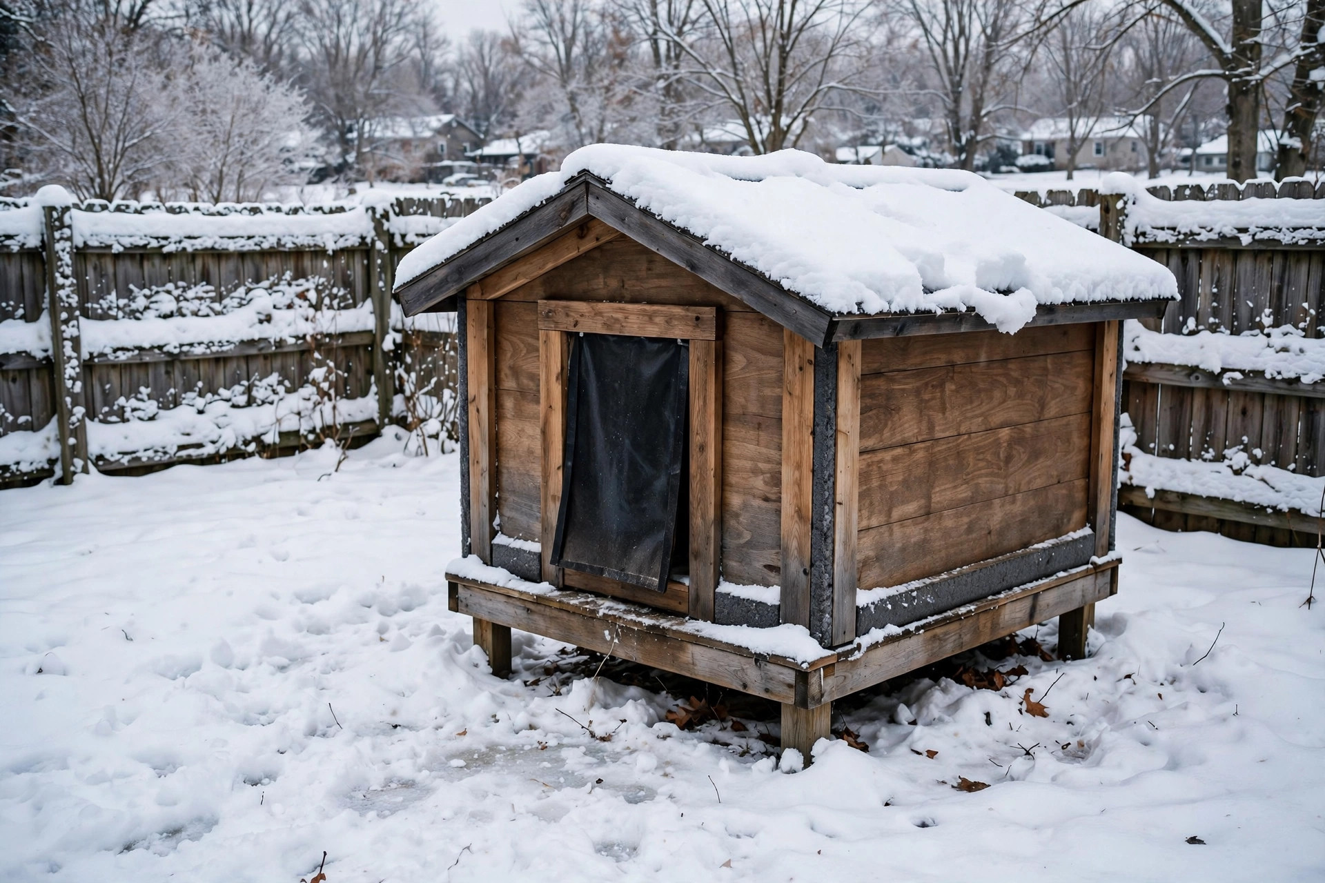 best outdoor dog house insulated for winter: Insulated outdoor dog house in a snowy American backyard