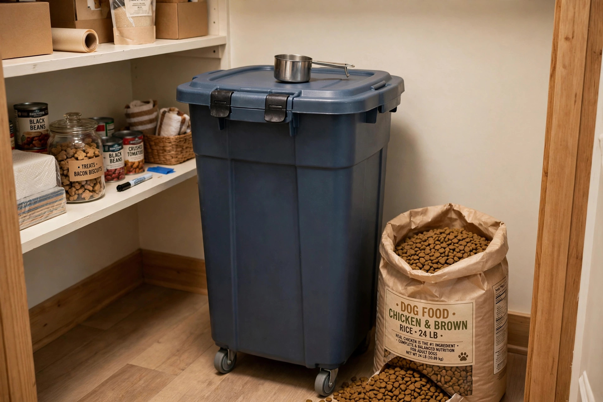 A large wheeled dog food container with wheels in a tidy kitchen, lid closed, next to a bag of dry kibble — best dog food container with wheels large