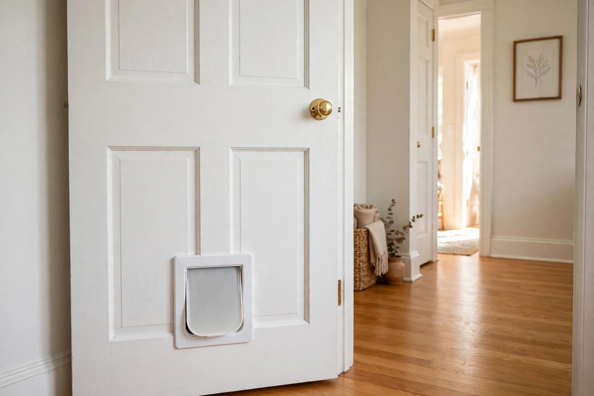 cat door for interior door installation easy: White cat flap fitted low in an interior door in a tidy American home