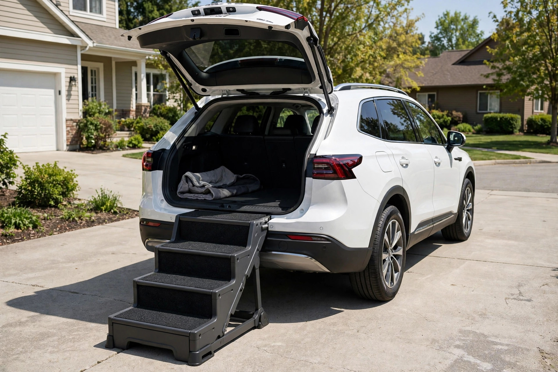 A set of pet stairs next to an open SUV trunk for the best pet stairs for suv trunk access dogs