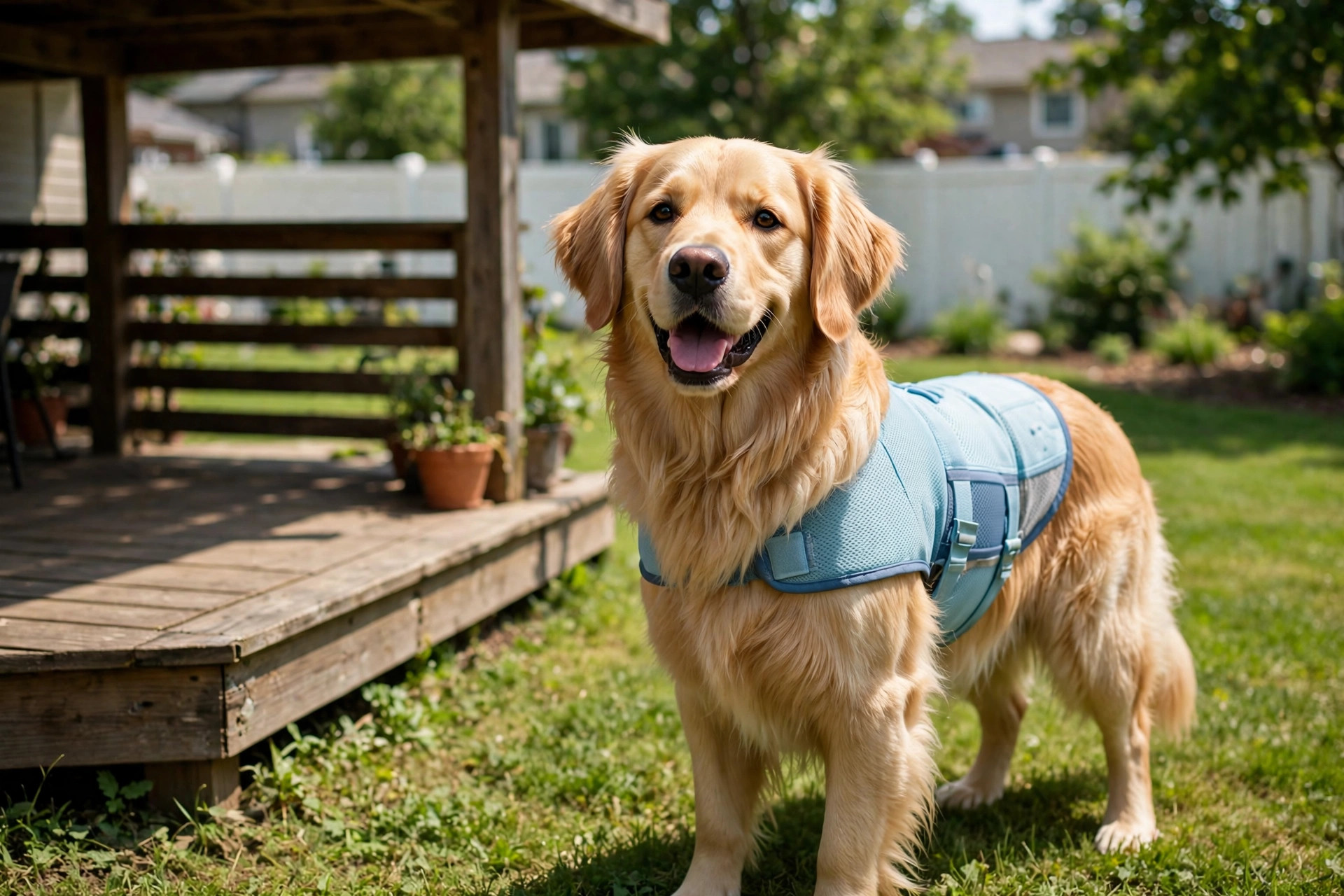 dog cooling vest for summer walks heat: A dog wearing a cooling vest for summer walks heat relief in a sunny yard