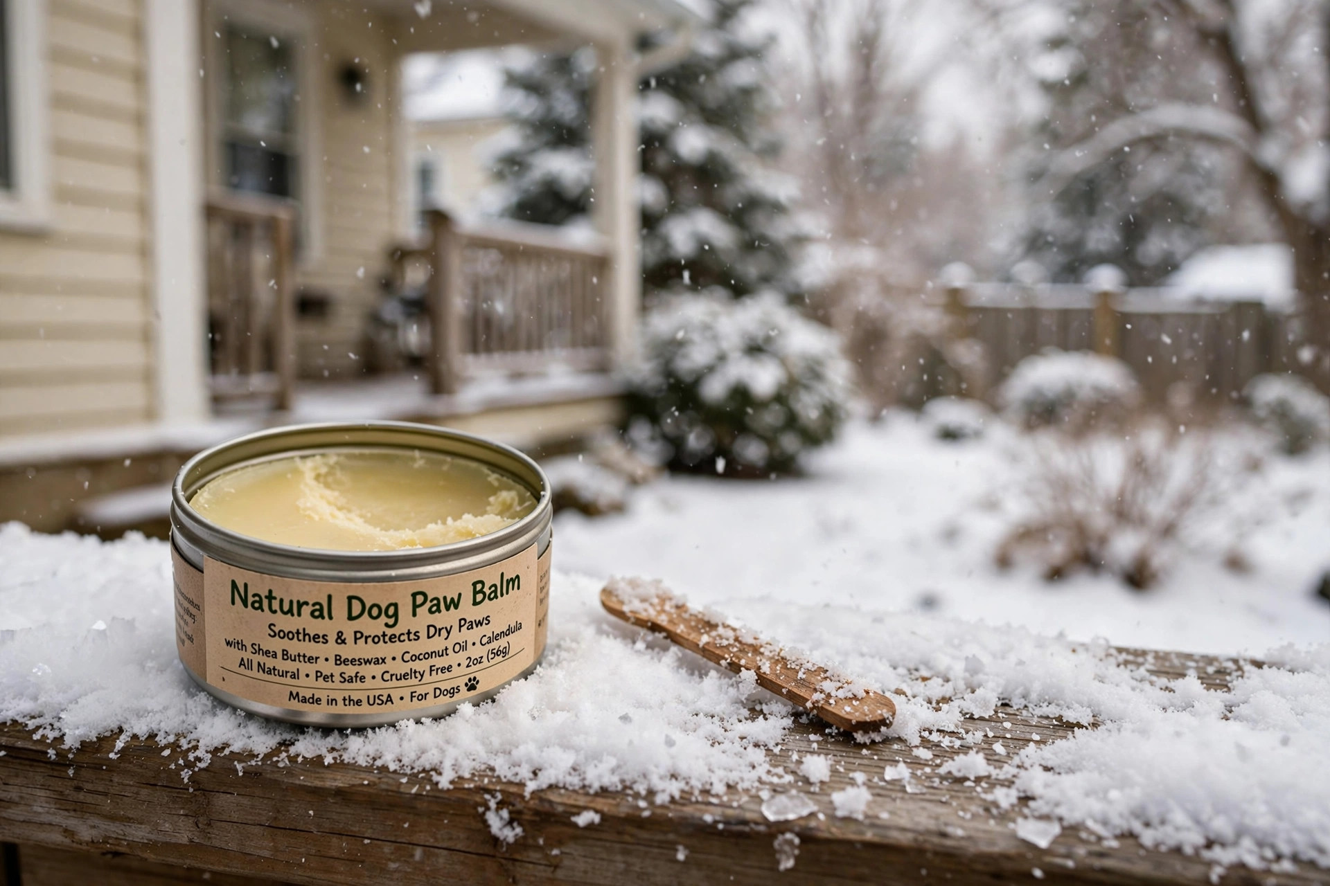 Dog paws protected with the best dog paw balm for winter salt protection on a snowy porch