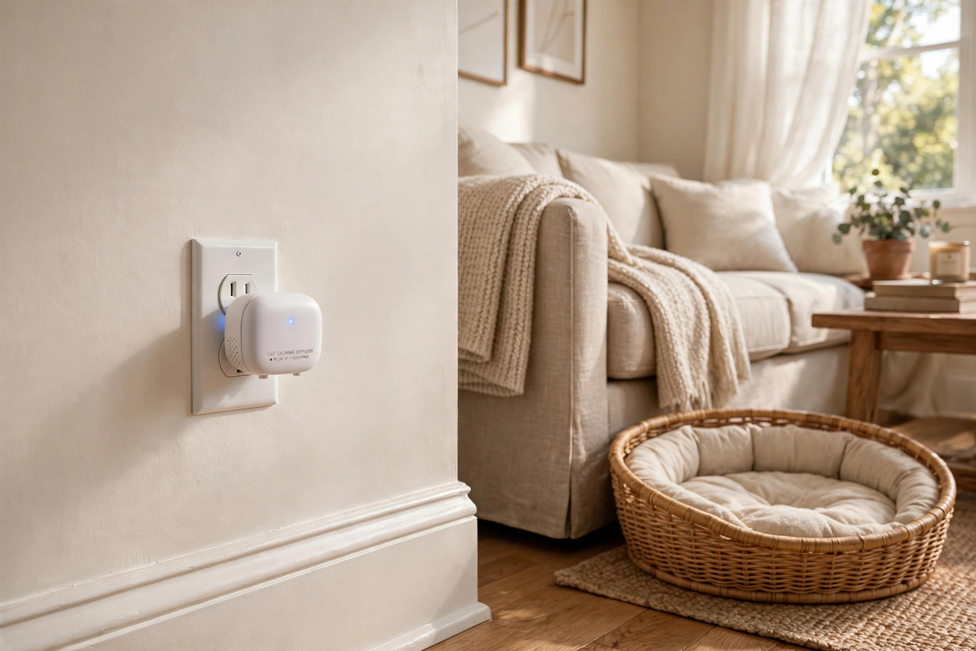 best cat calming diffuser for multi cat homes: Cat calming diffuser plugged into a wall outlet in a calm living room