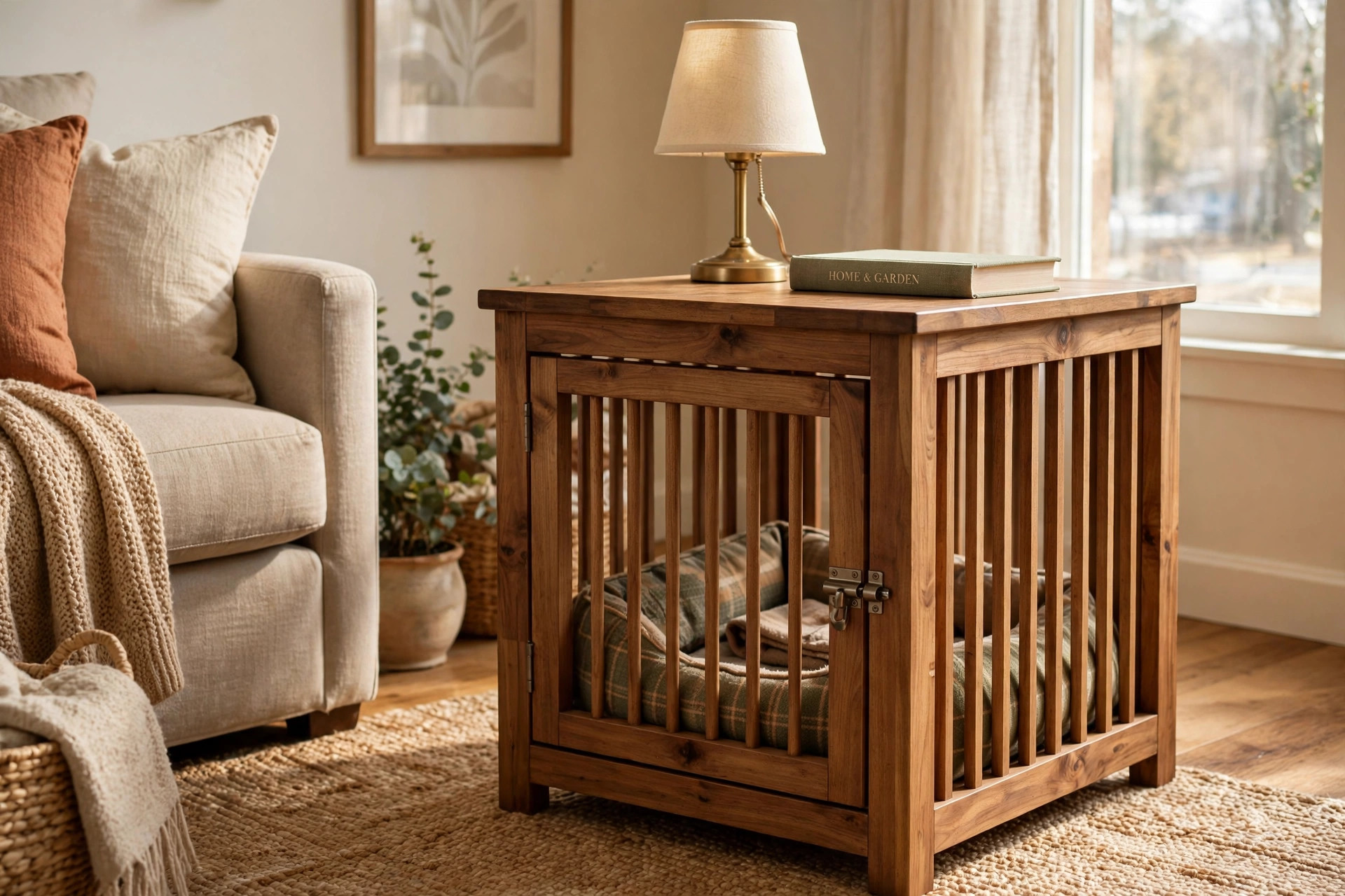 Dog crate furniture end table for living room in a cozy living room