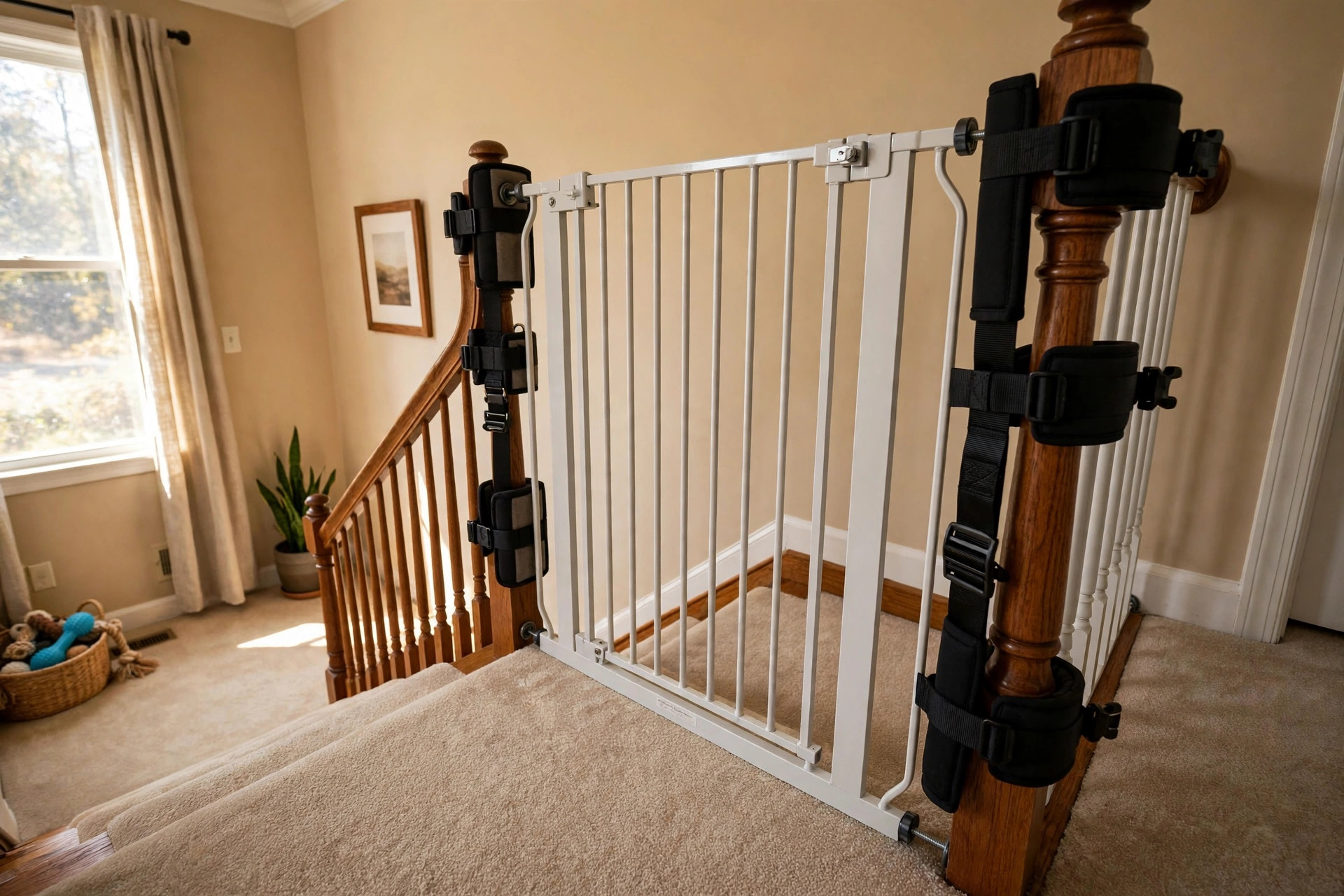 Best pet gate for stairs with banister kit installed on a home staircase