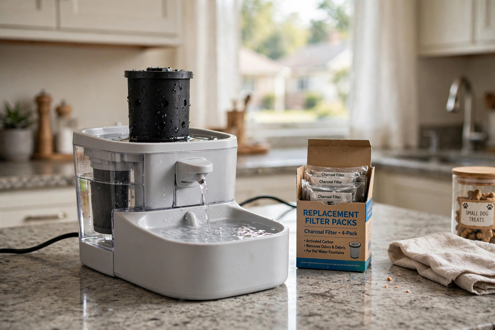 pet water fountain filter replacement pack usa: Pet water fountain with filter replacement pack in a kitchen
