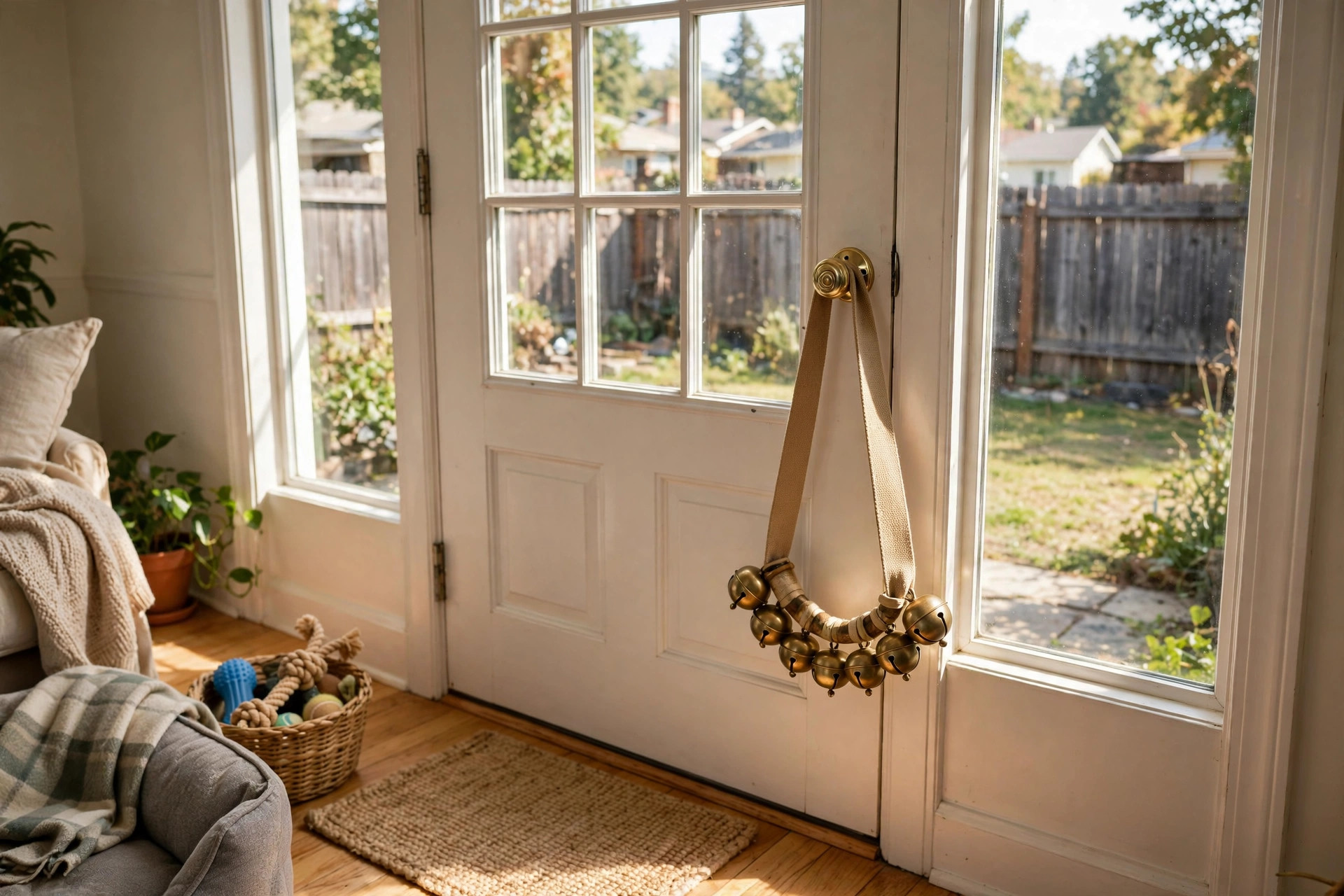 dog doorbell for potty training puppies usa: Dog doorbell for potty training puppies hanging on a back door in a cozy American home