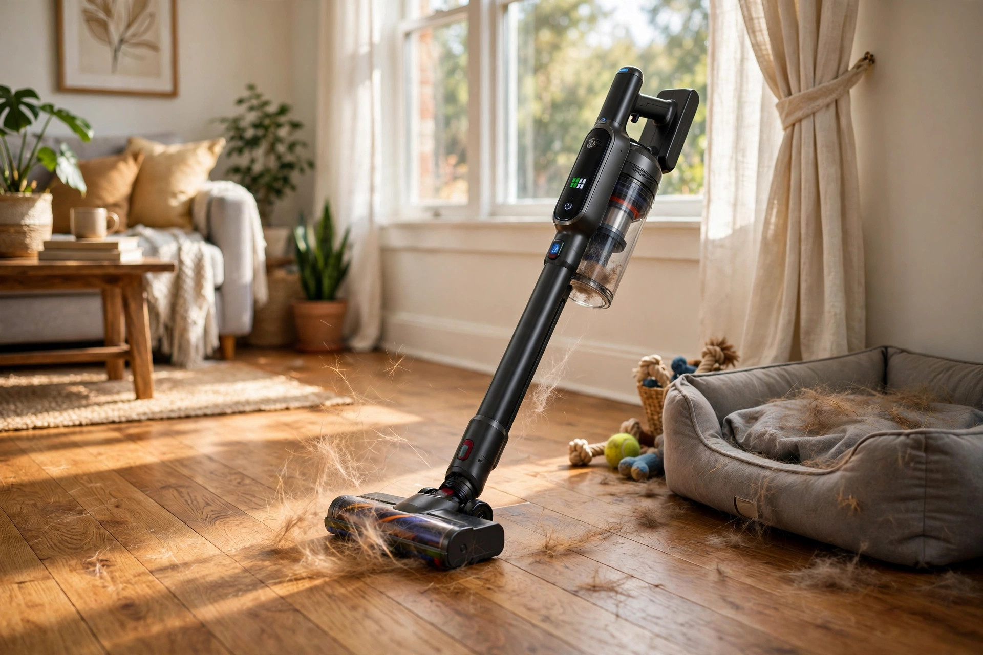 best pet hair vacuum for hardwood floors: A stick vacuum cleaning pet hair on a wood floor in a sunny living room