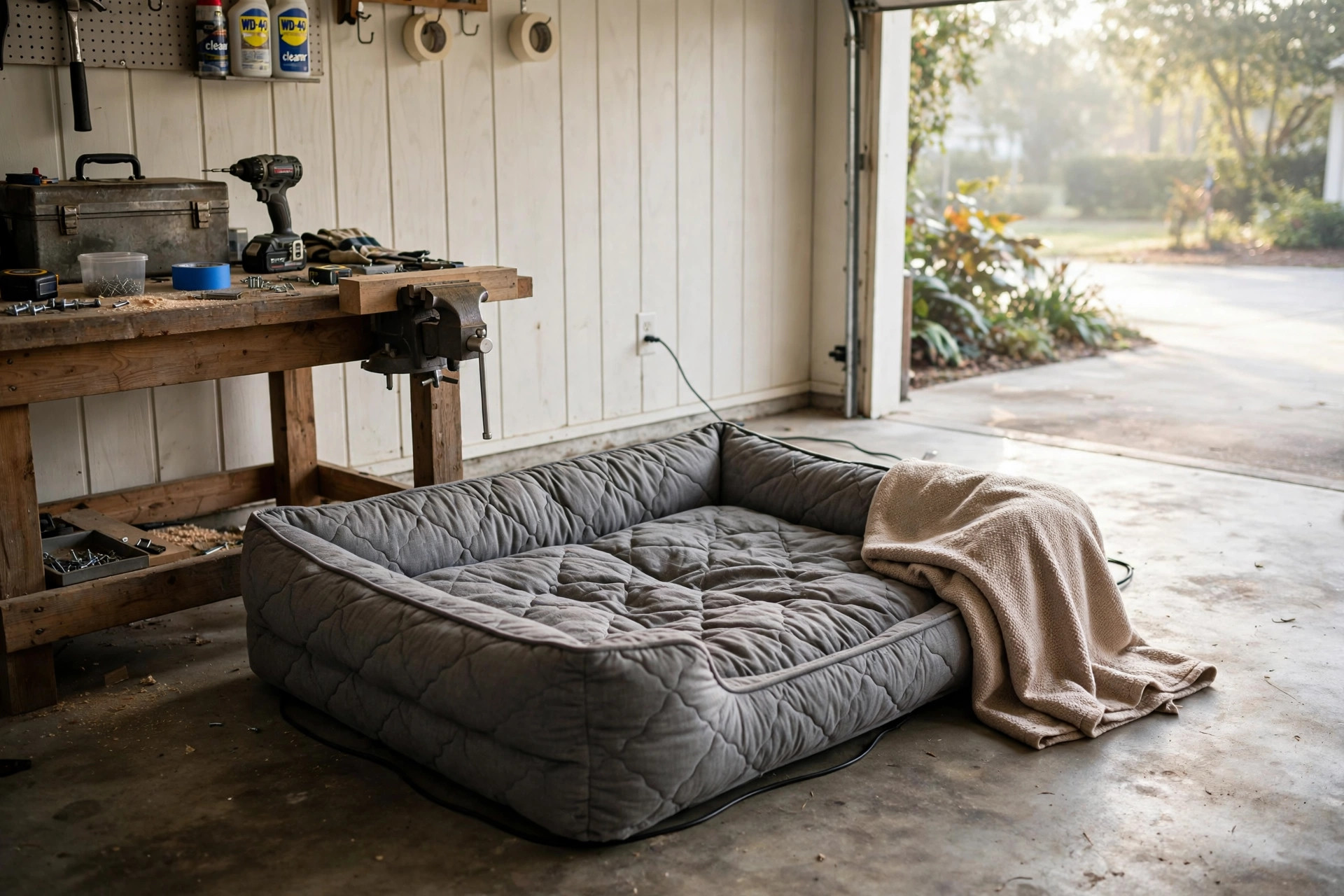 A heated dog bed for garage and outdoor use set up on a covered porch with a blanket draped over it