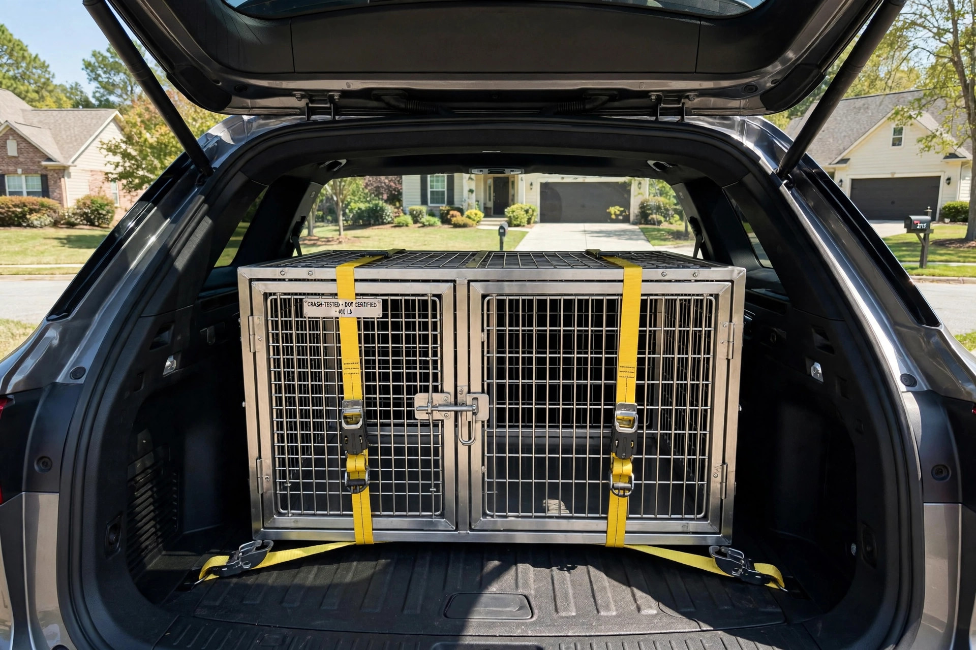 best dog crate for car travel crash tested: A crash-tested dog crate for car travel secured in a car