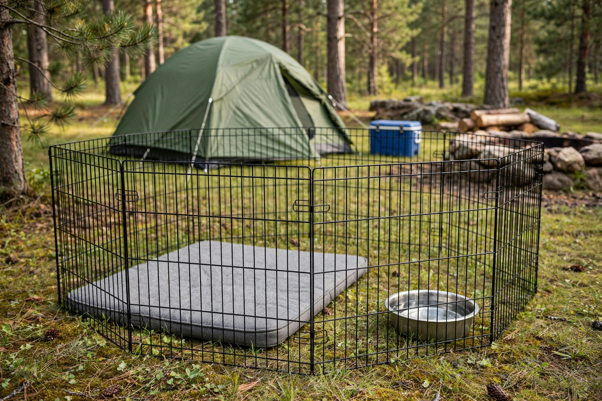 best pet fence for camping portable panels: Portable panel pet fence at a campsite with a tent in the background