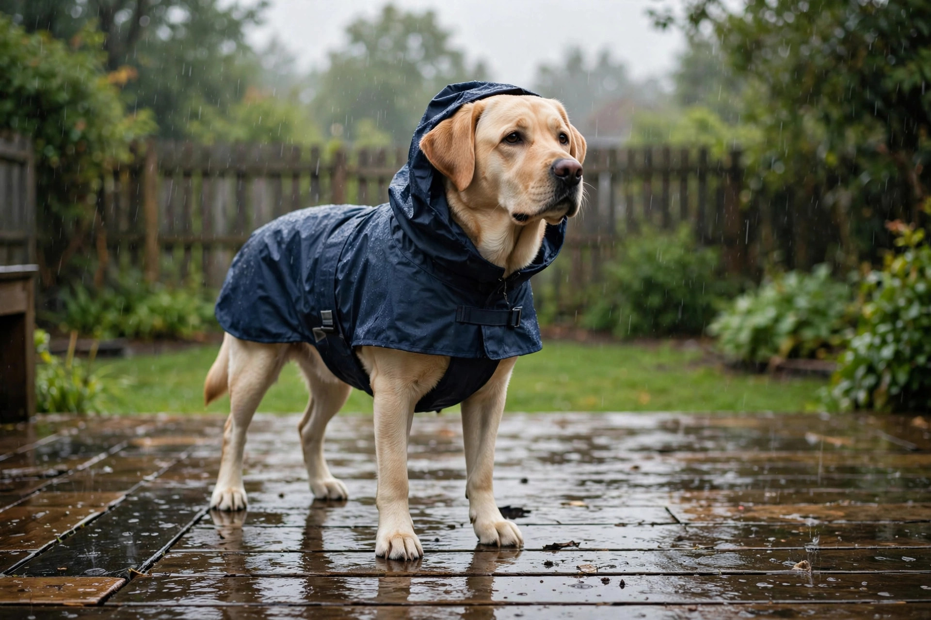 dog raincoat for large breeds waterproof usa: Waterproof dog raincoat for large breeds on a wet backyard patio