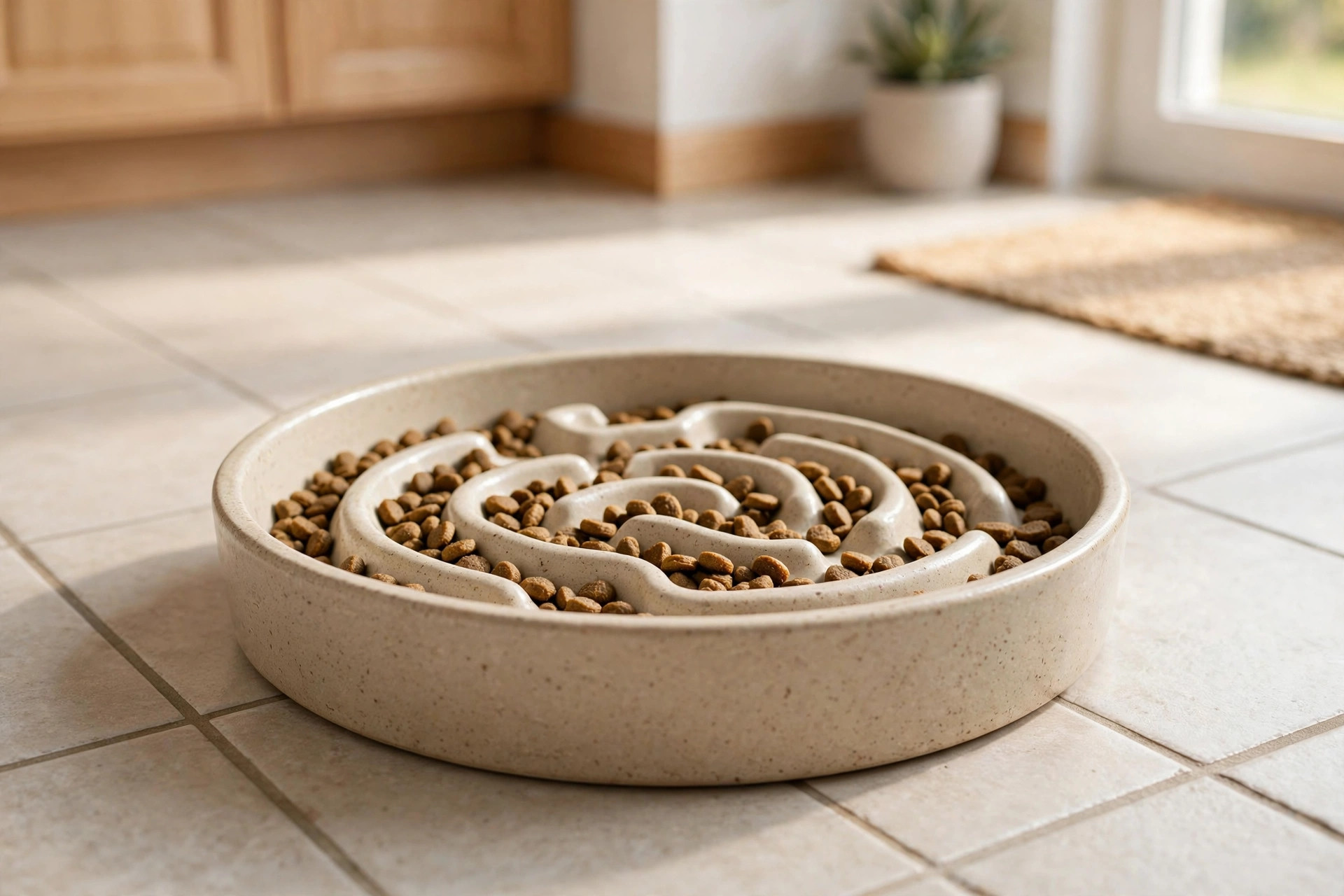 best slow feeder bowl for cats whisker friendly: Whisker friendly slow feeder bowl for cats in a kitchen