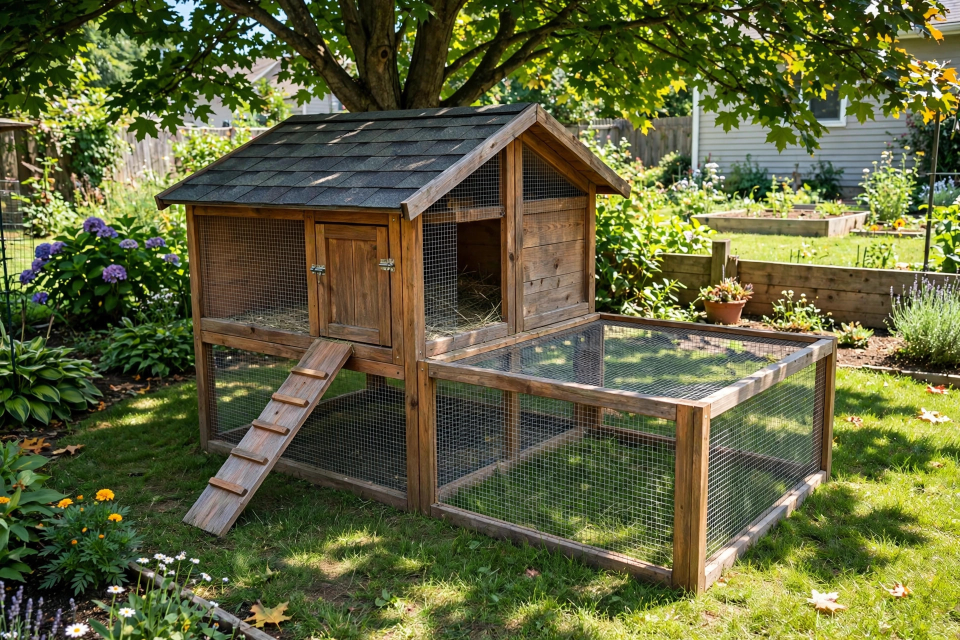 A wooden outdoor guinea pig hutch for summer garden use in a green yard