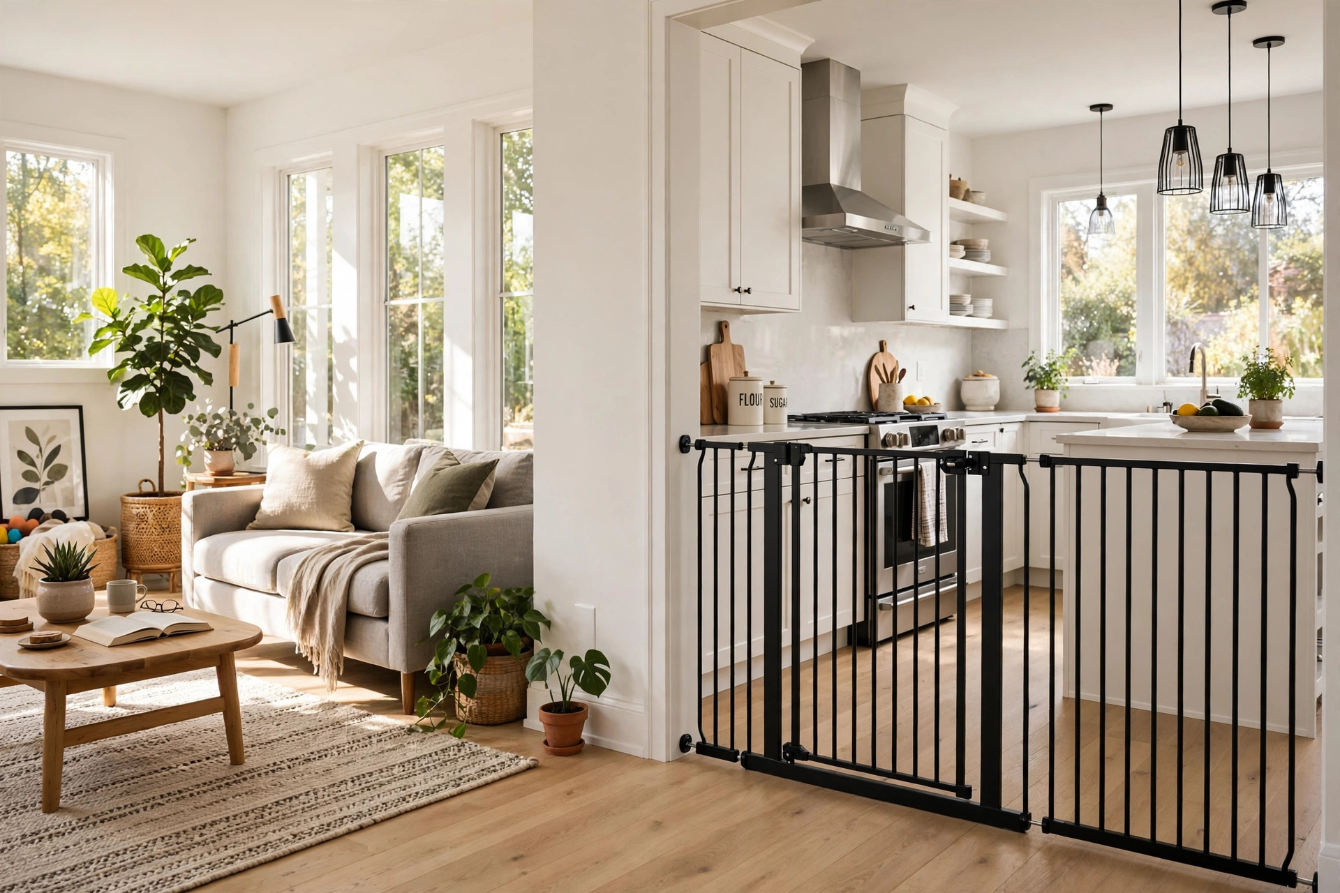 A pet gate extra wide for open floor plans in a bright American home