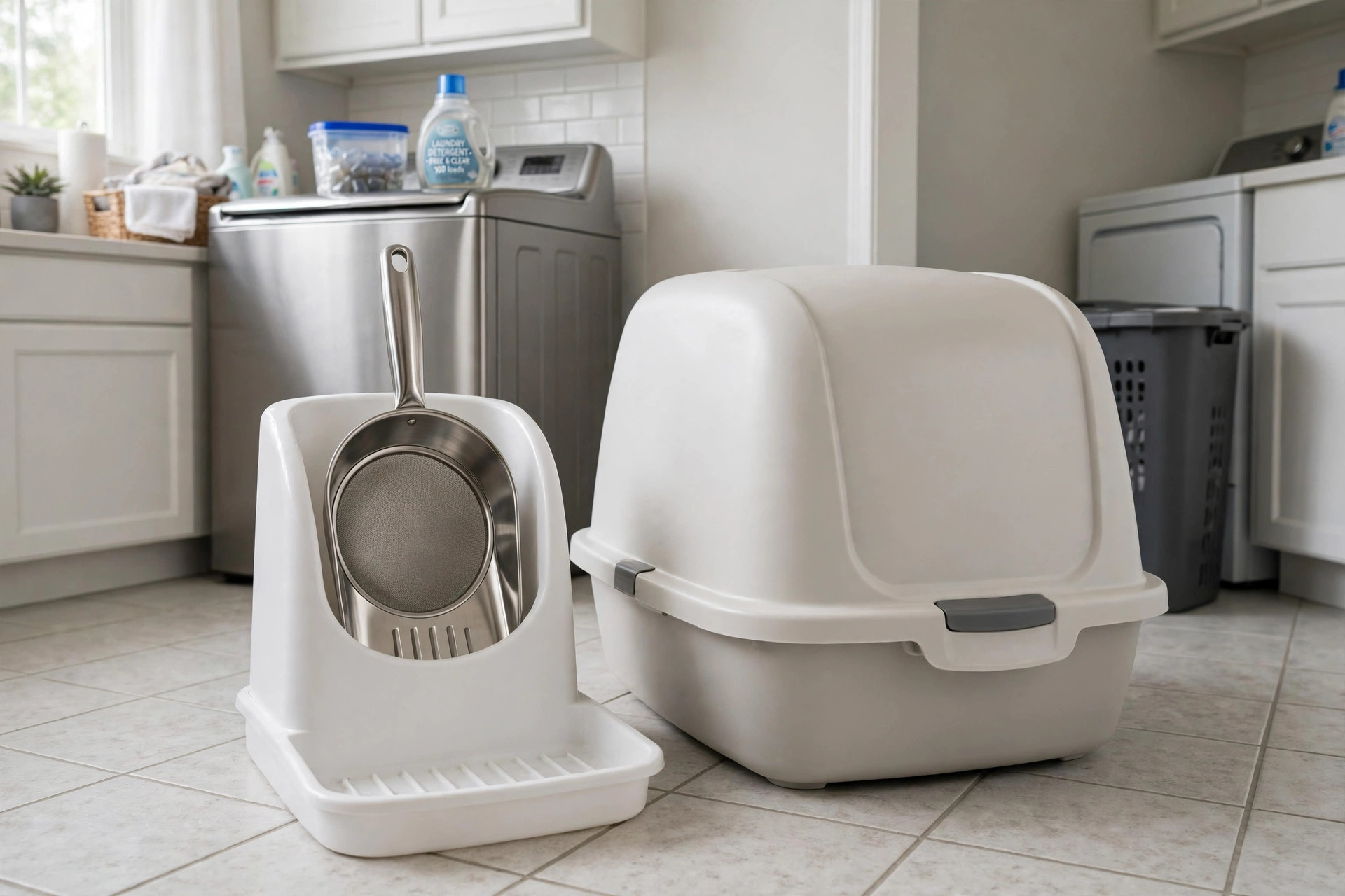 best litter scoop with holder for easy cleaning: A clean metal litter scoop resting in a wall-mounted holder beside a tidy cat litter box in a laundry room