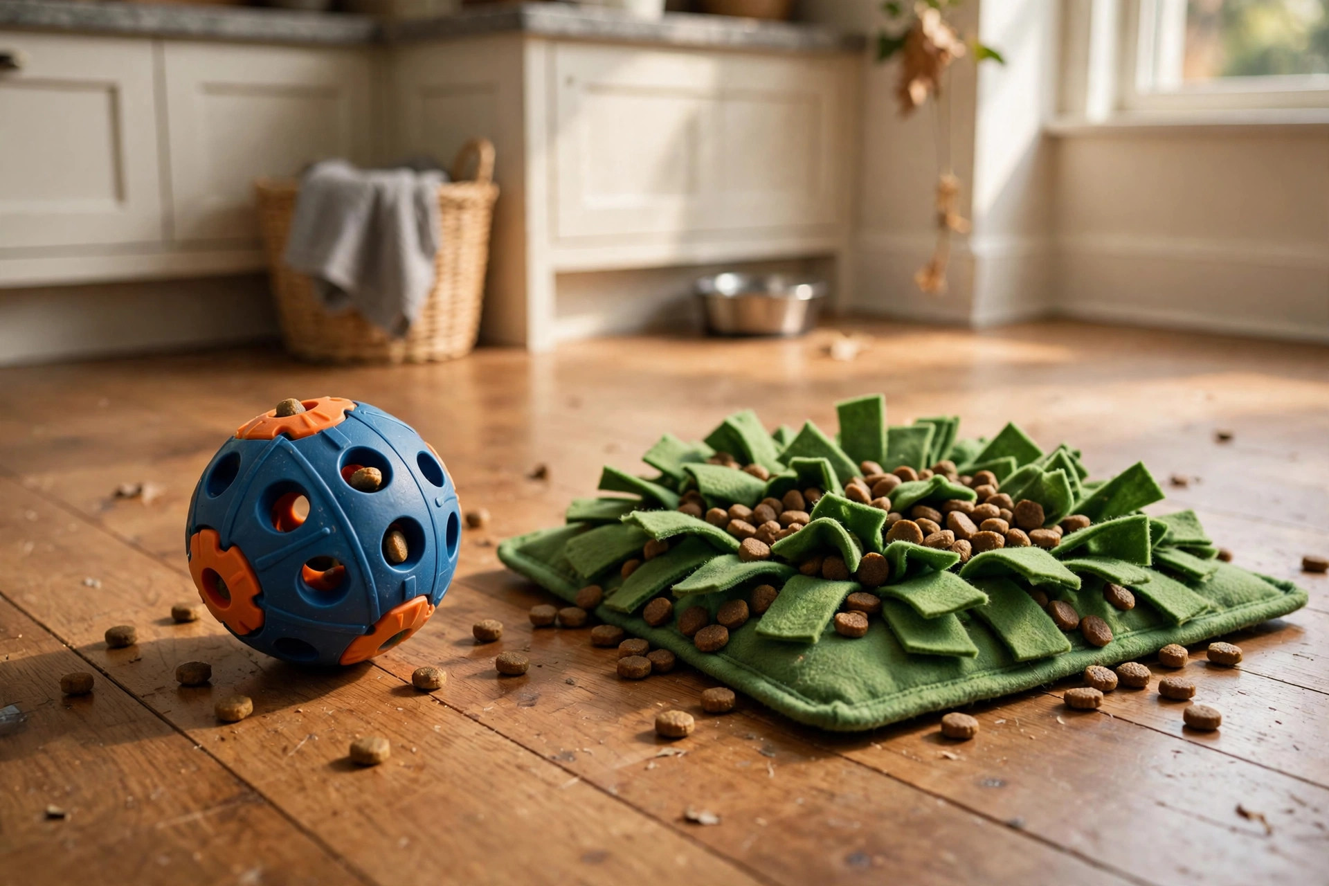 dog food puzzle toys for boredom relief usa: A dog food puzzle toy filled with kibble on a wooden kitchen floor