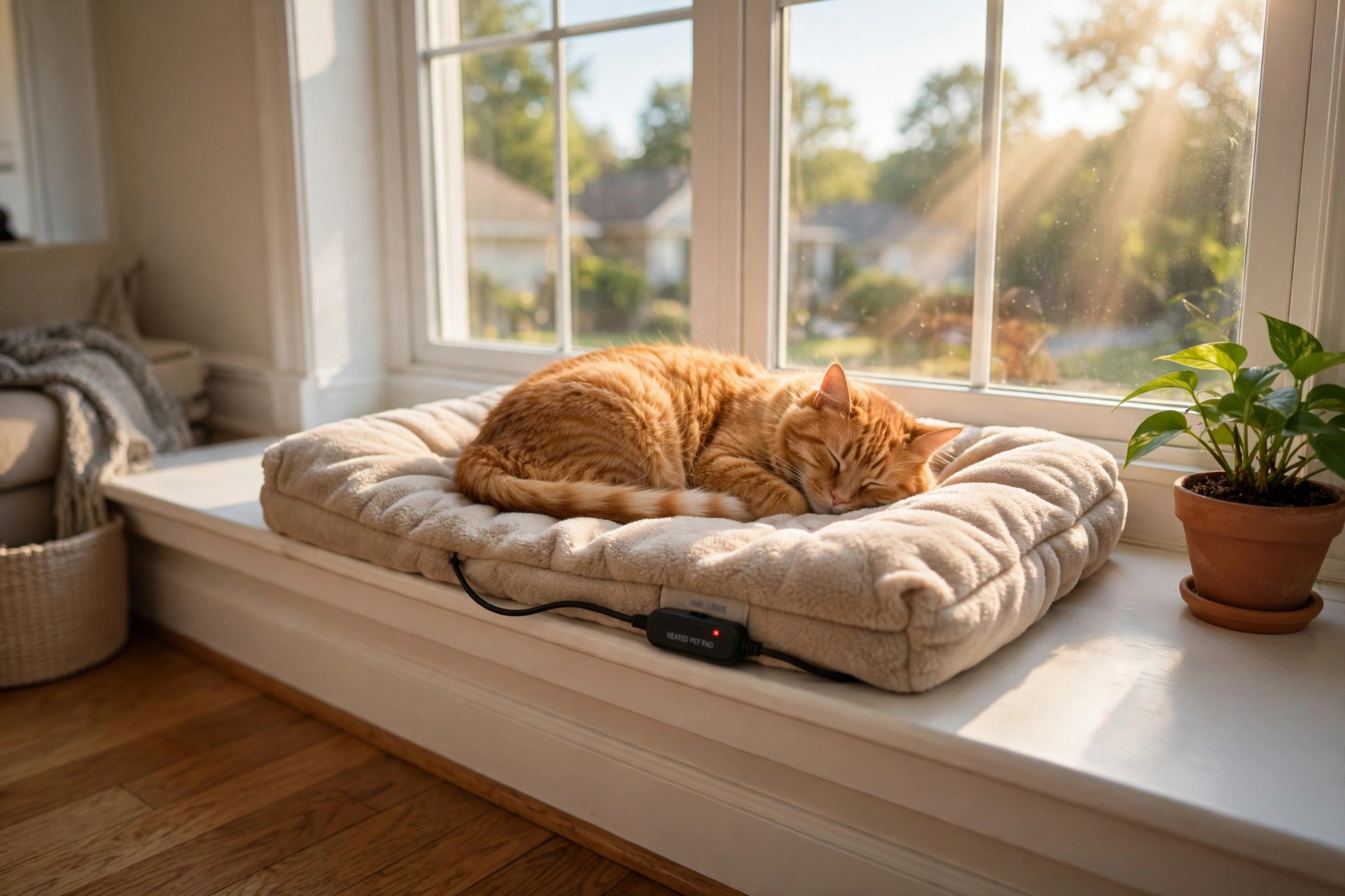 Best heated cat bed for window sill with a cat curled up asleep