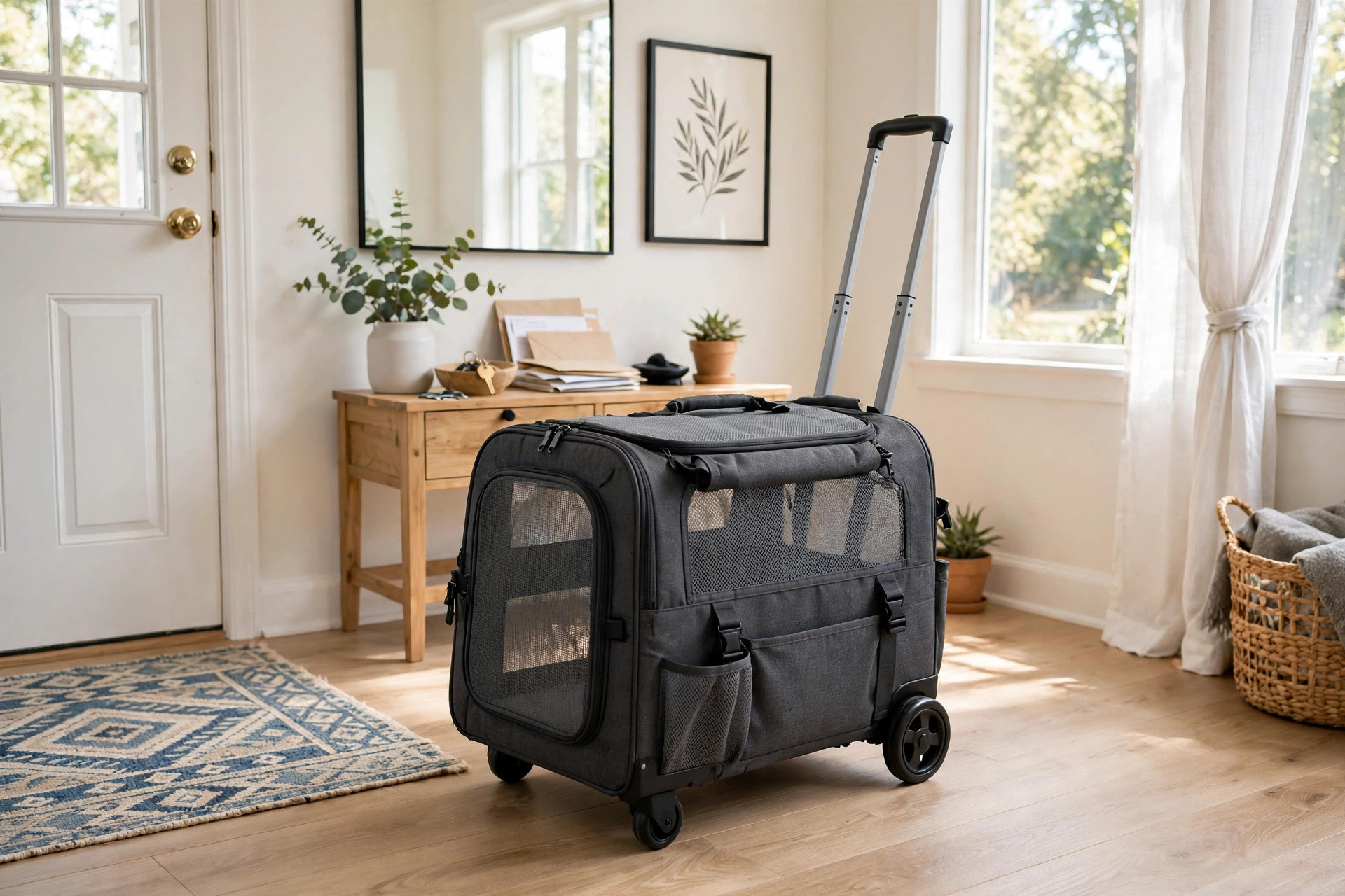 cat carrier with wheels for travel ease: A wheeled cat carrier sitting in a bright American living room next to a front door, ready for a trip