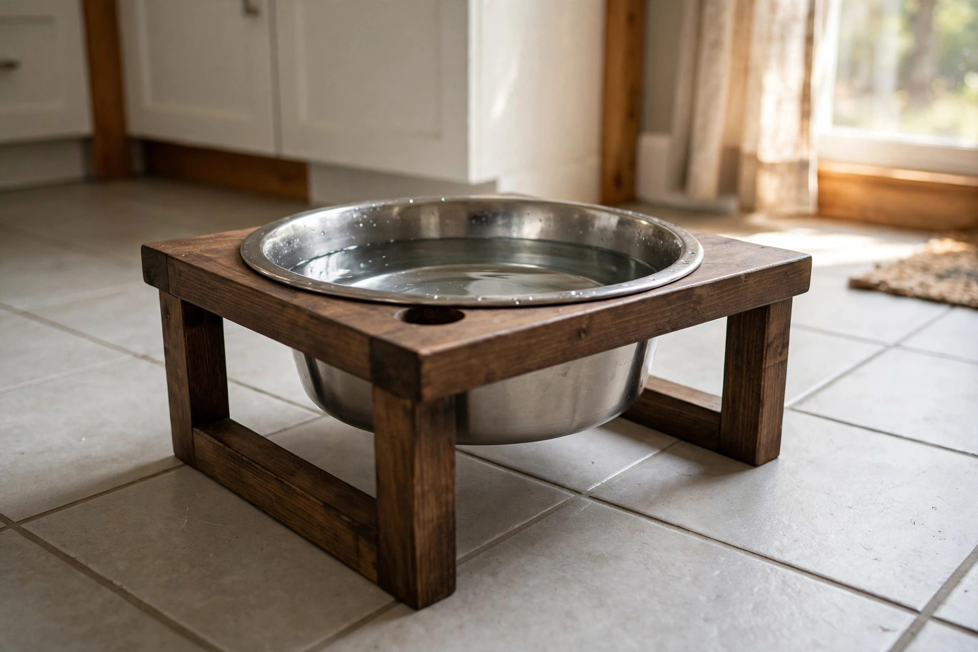 A pet water bowl stand for large breed dogs holding a full stainless steel bowl on a kitchen floor