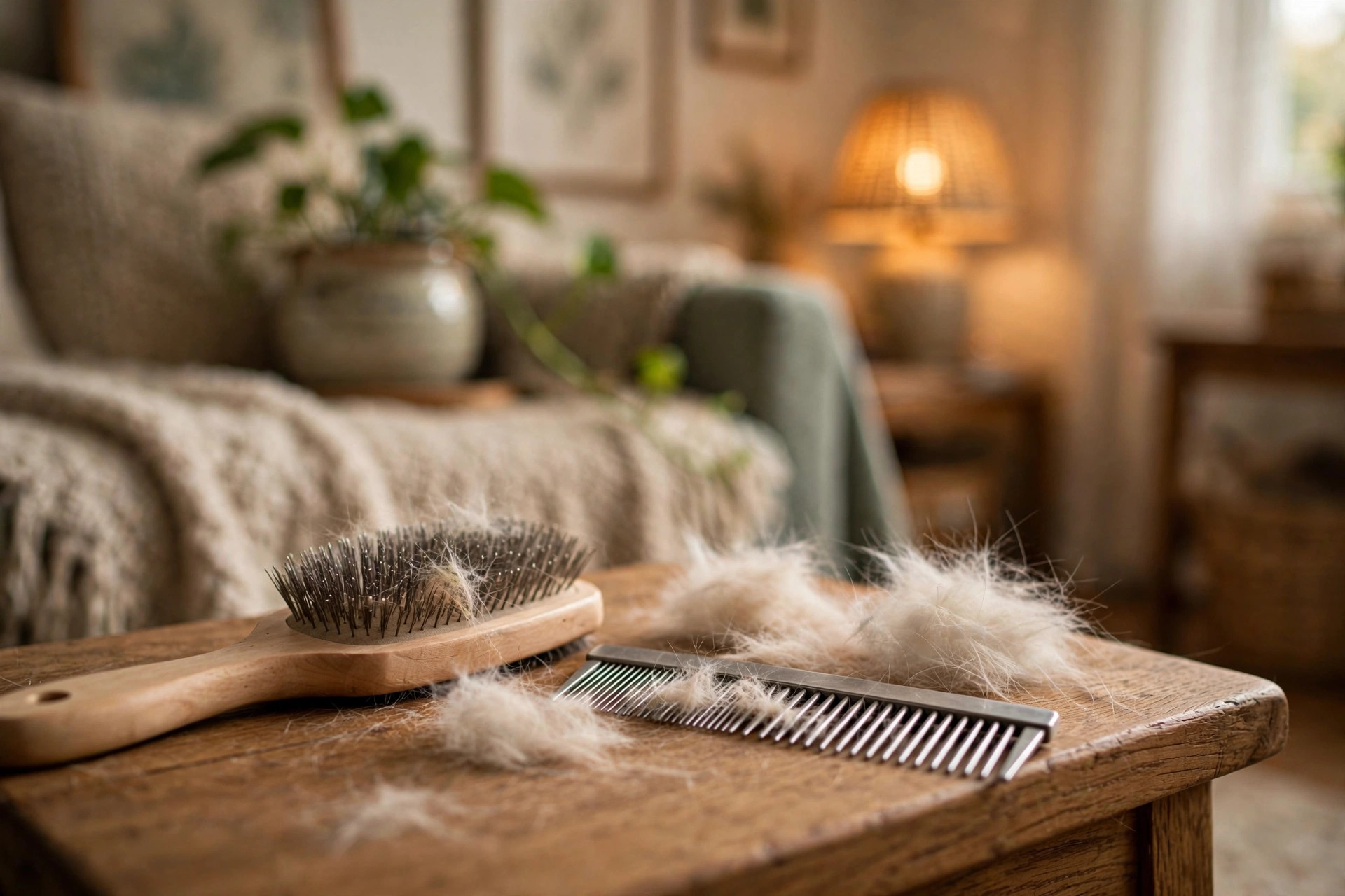Best cat brush for long haired shedding control on a grooming table