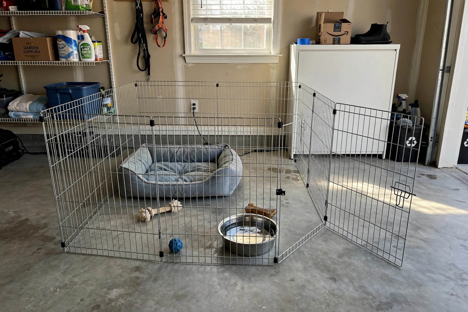 dog pen for garage and basement containment: A metal dog pen set up in a home garage with a dog bed, water bowl, and chew toys