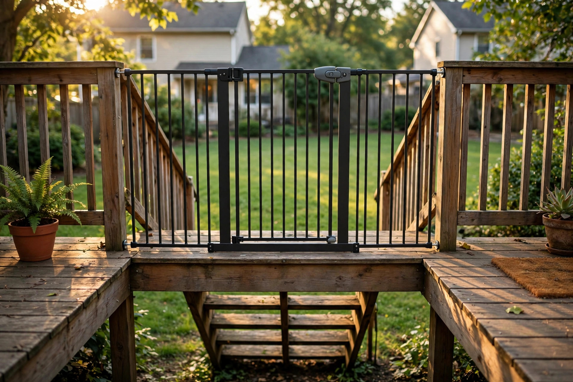 outdoor pet gate for deck and patio safety: Metal outdoor pet gate on a wooden deck for deck and patio pet safety