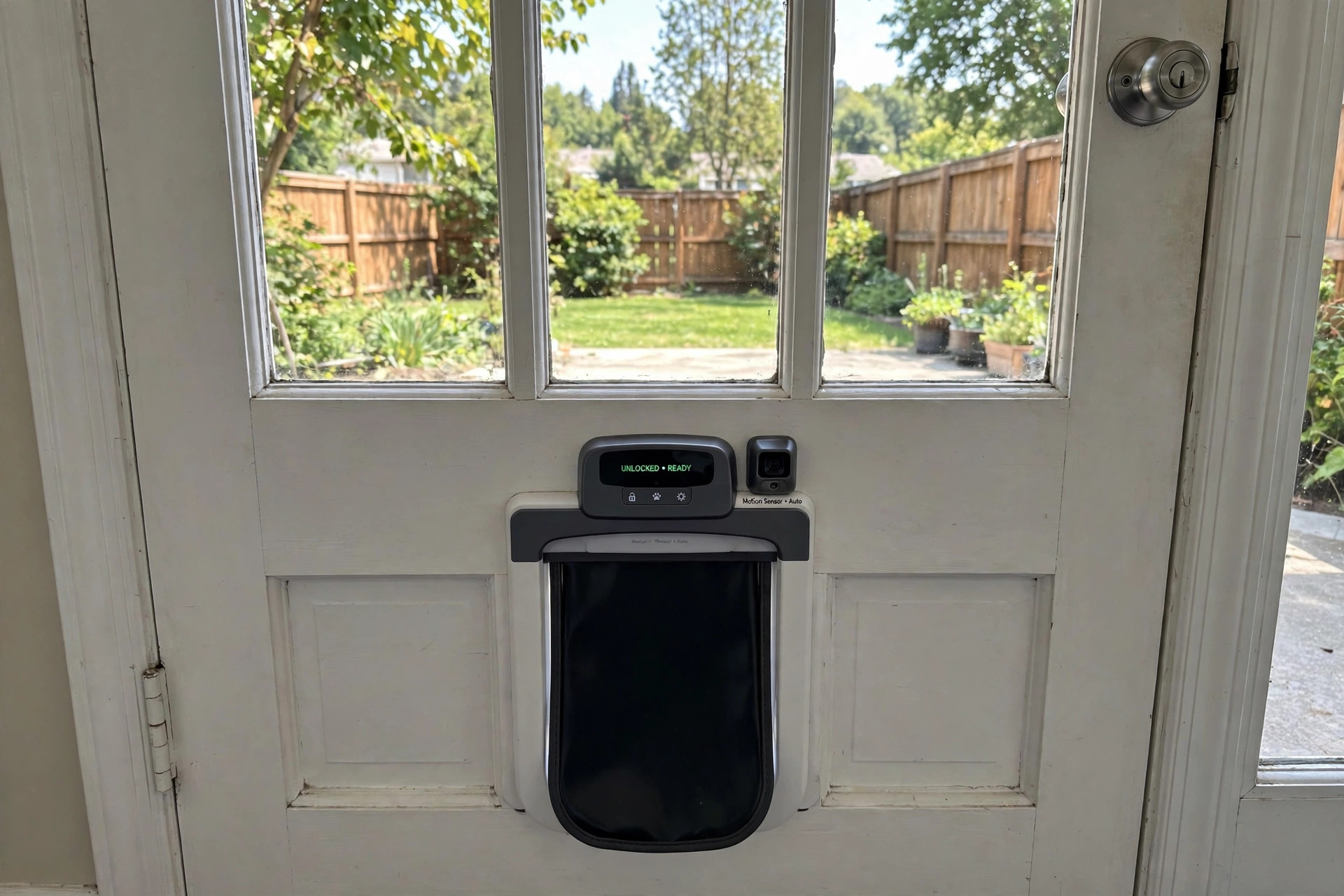 best automatic pet door for large dogs electronic: An electronic automatic pet door for large dogs fitted in the back door of an American home