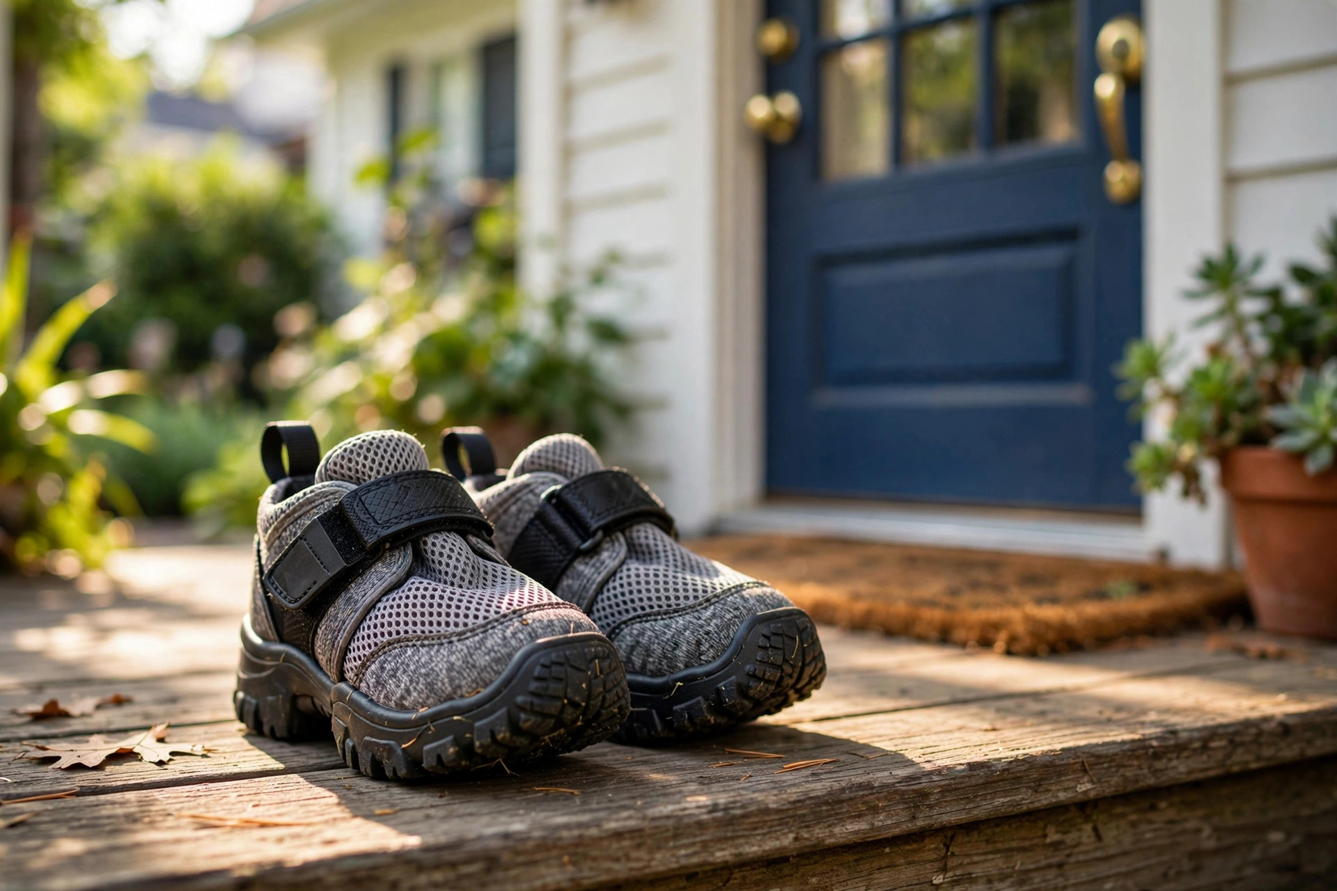 Dog booties for hot pavement summer walks on a porch