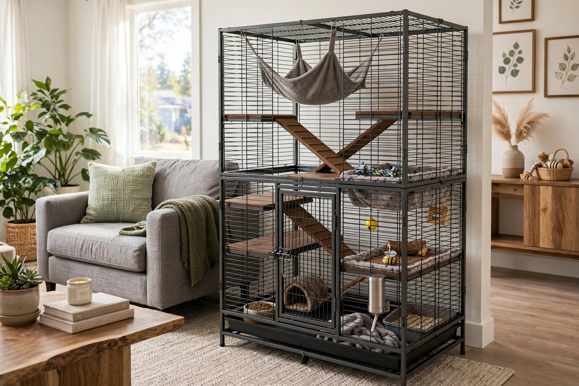 ferret cage multi level for active ferrets: A multi level ferret cage with ramps and platforms in a bright home room