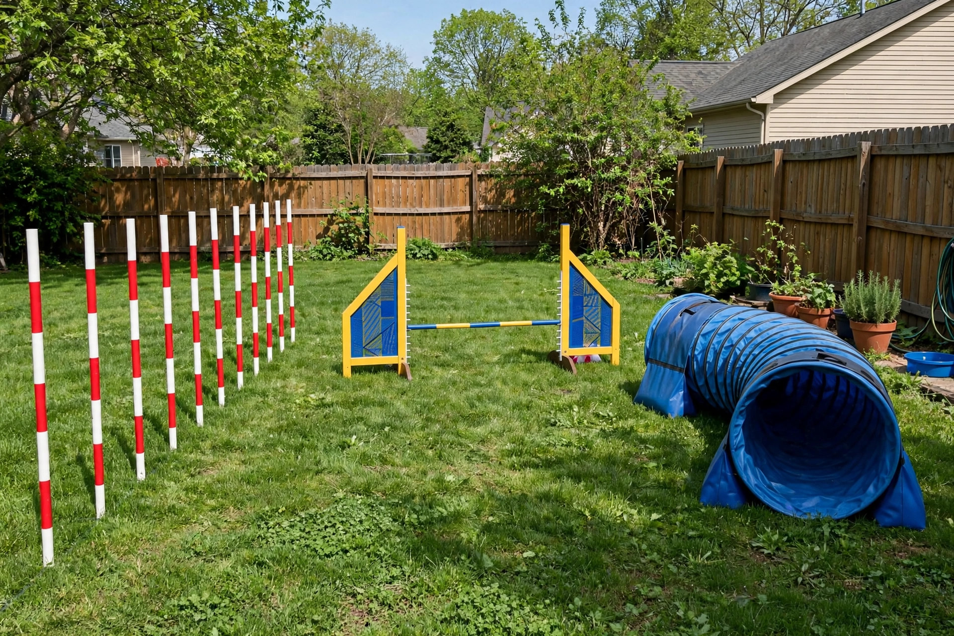 Dog agility set for backyard training fun in a fenced American yard