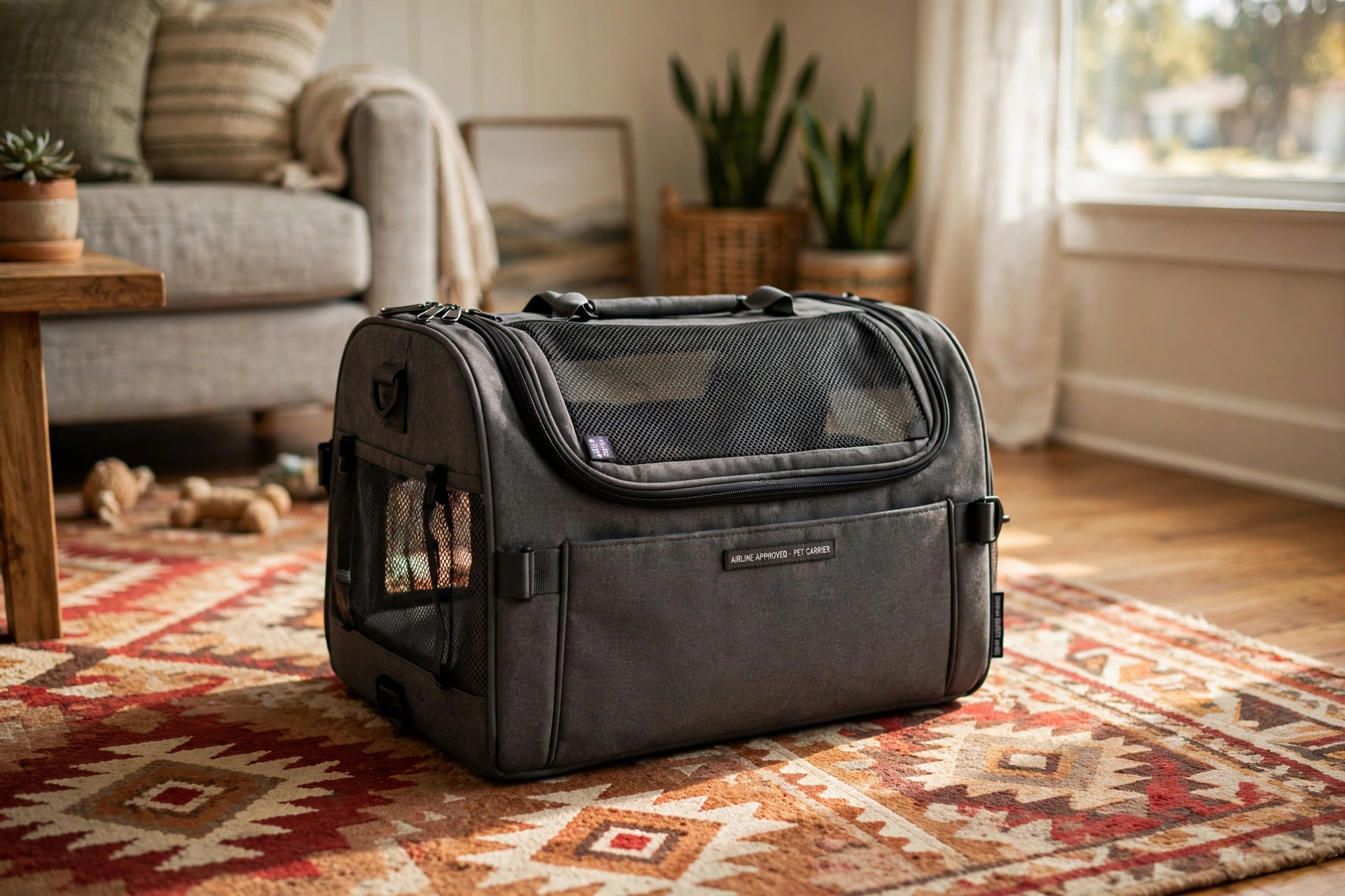 best dog carrier for airline travel approved: A soft-sided airline approved dog carrier on a living room rug
