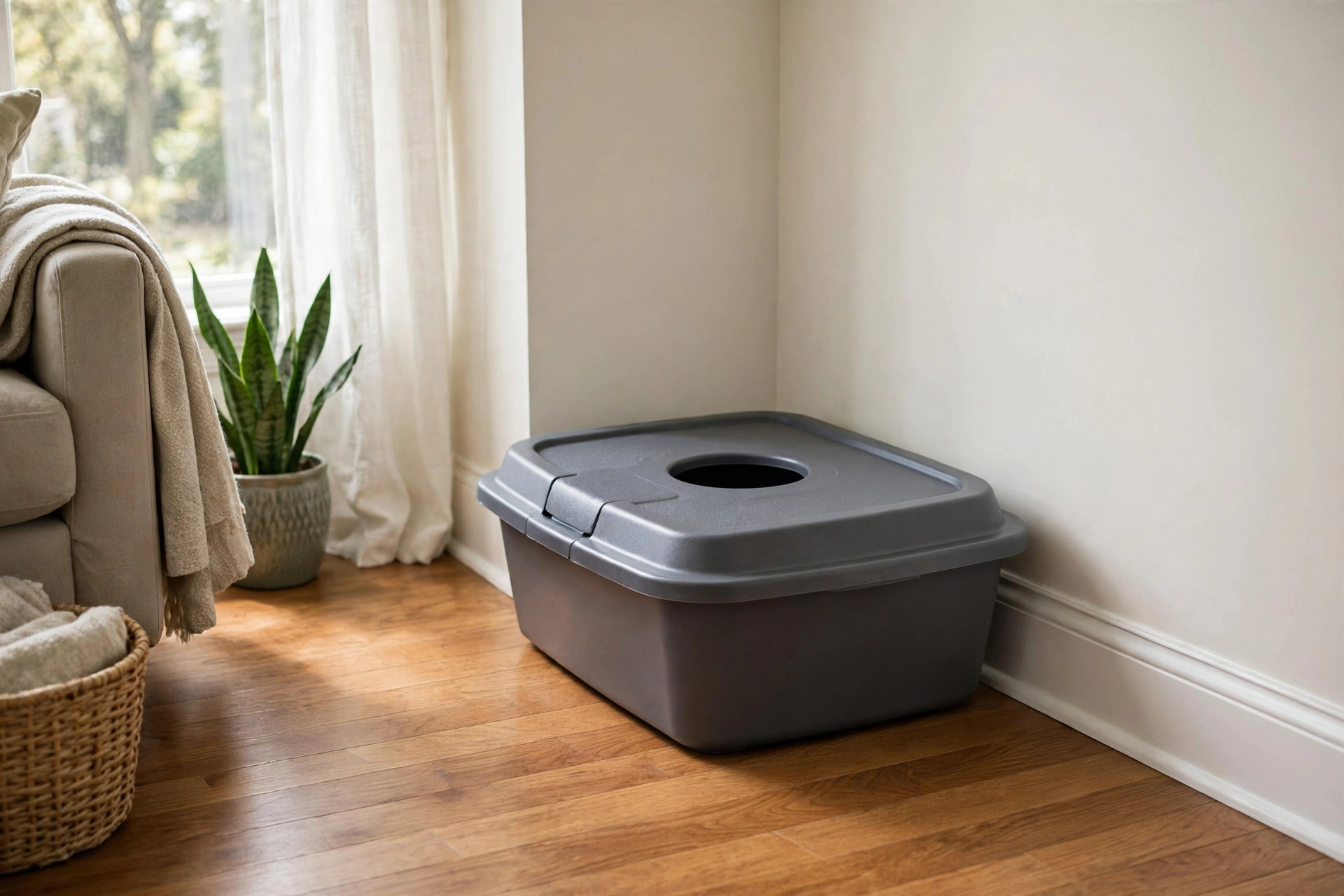 cat litter box with top entry for dogs: Cat litter box with top entry keeping a dog away from the litter