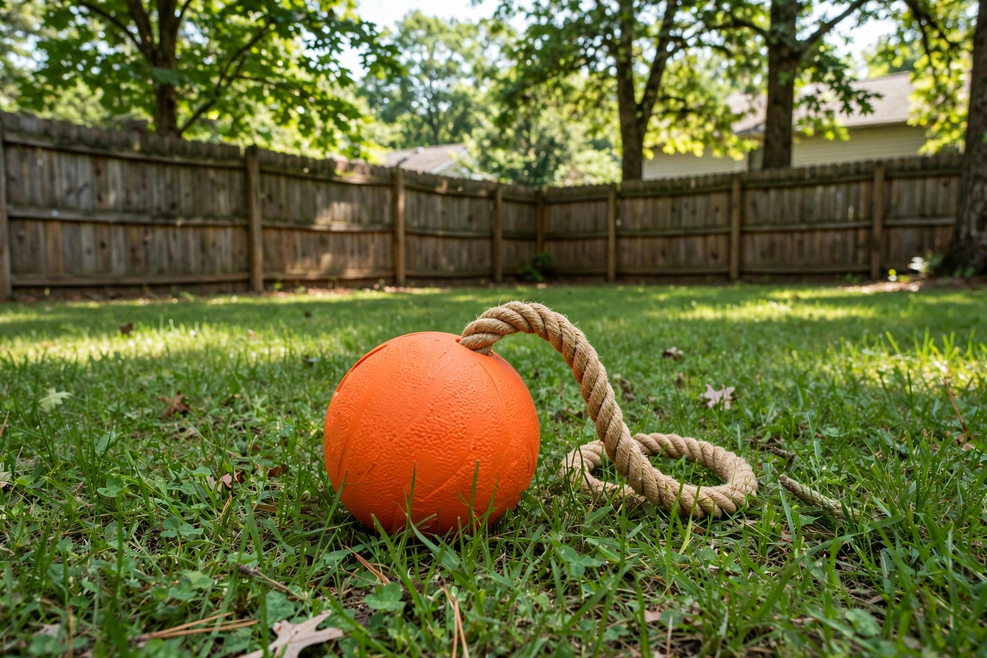 Dog fetch toy on green grass in a backyard with the best outdoor dog toy for fetch in yard