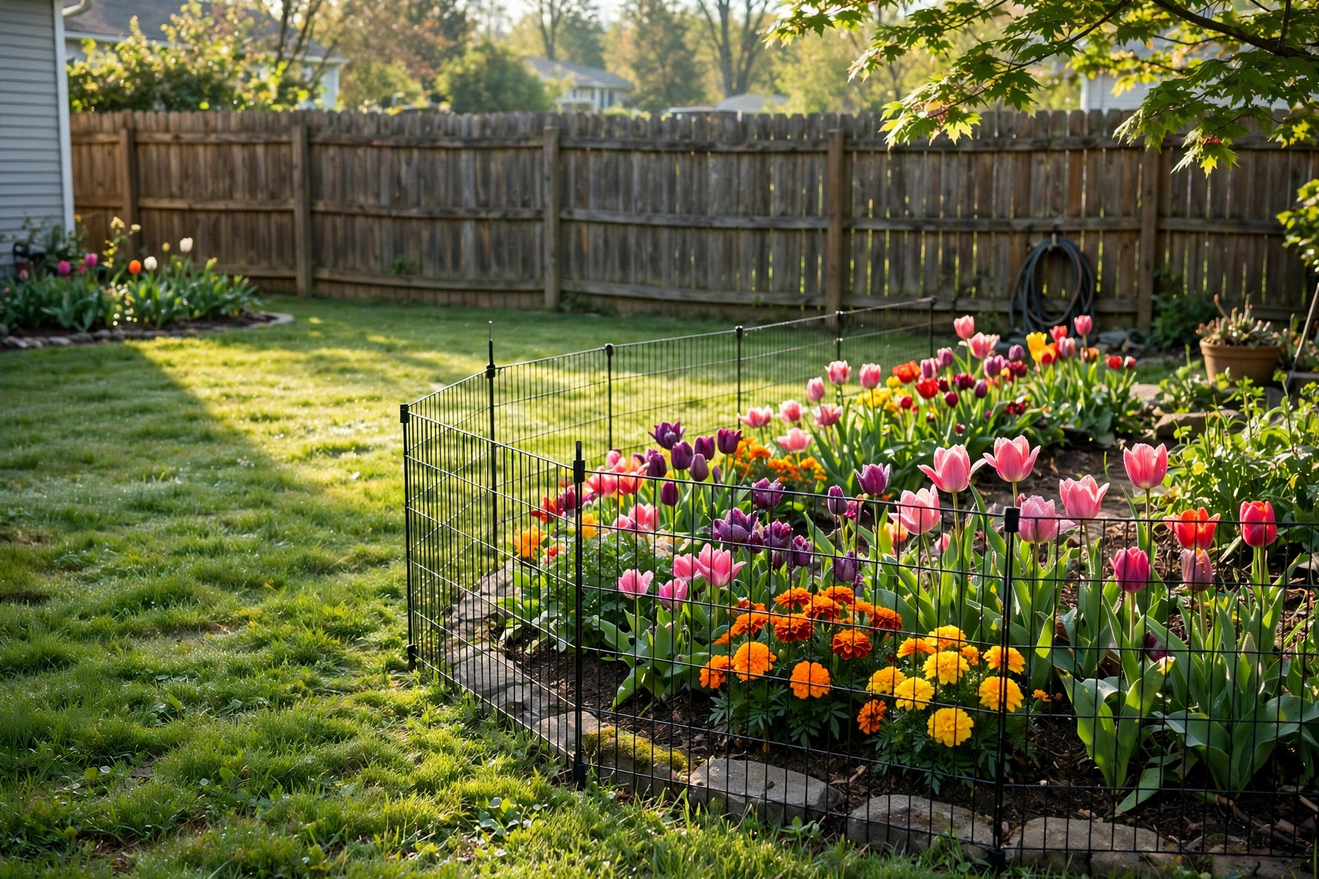 pet fence for garden to protect flower beds: Low decorative fence guarding colorful flower beds in a home garden