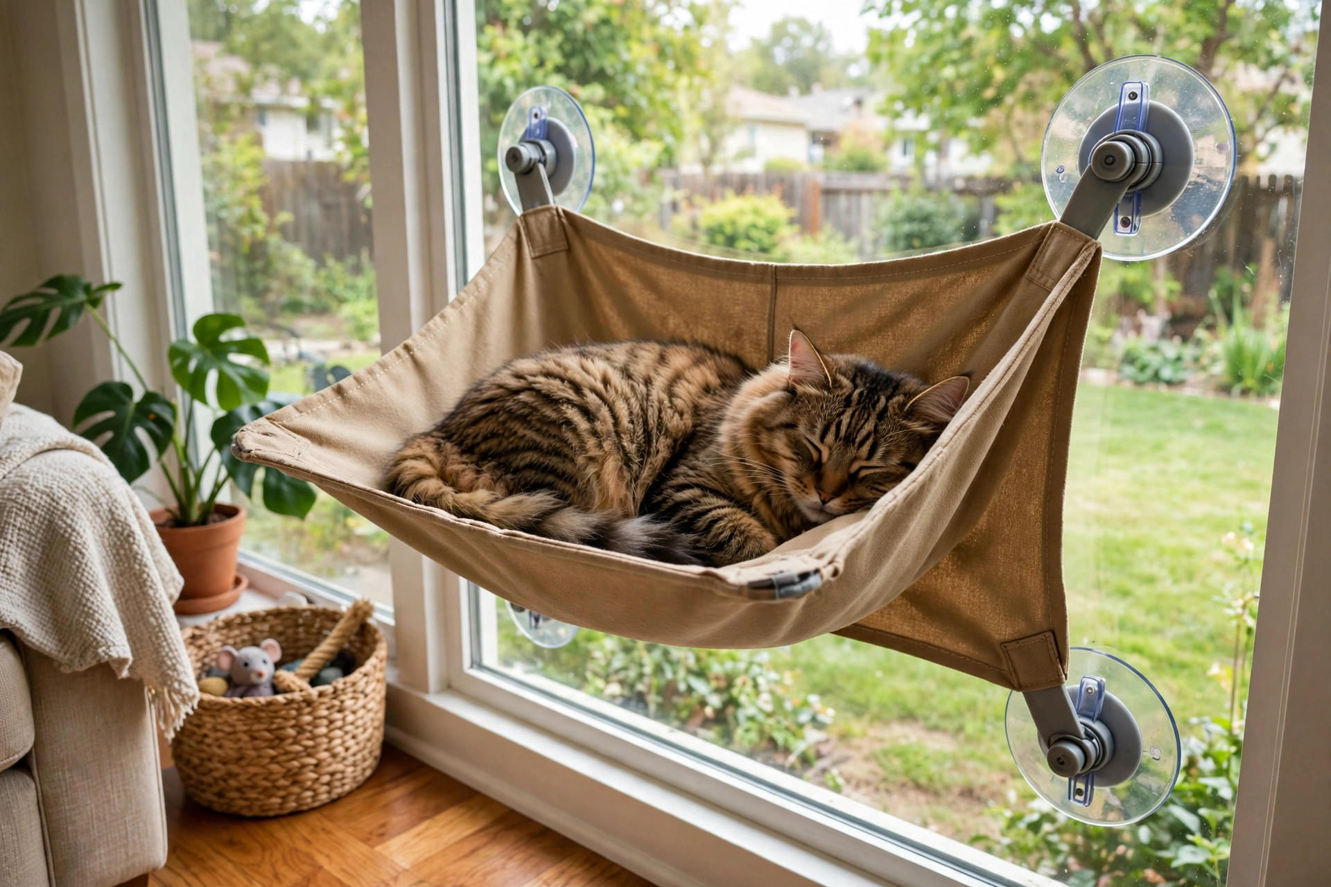 best cat window hammock suction cup strong: Cat resting on a window hammock with strong suction cups