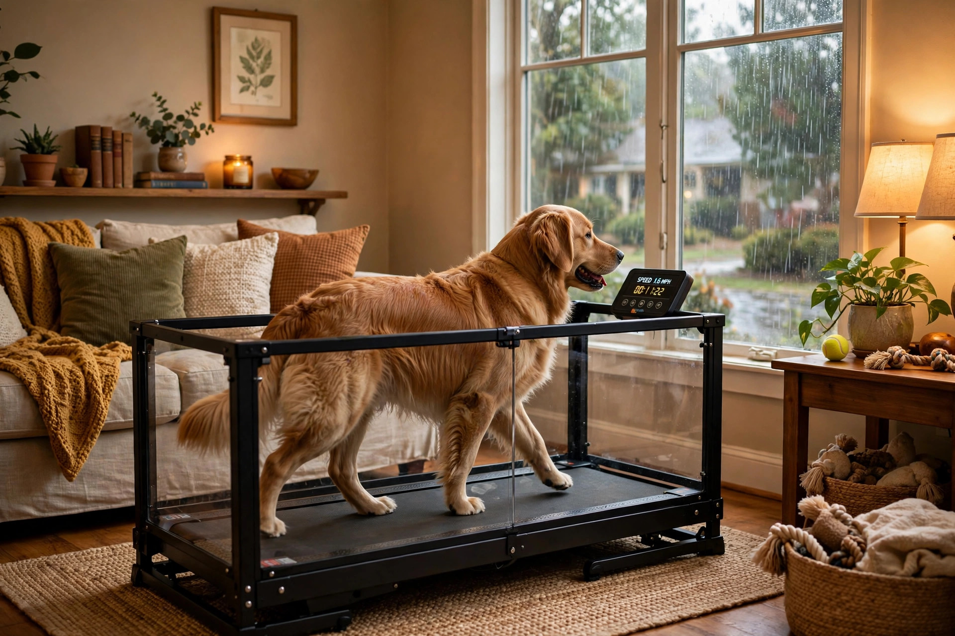 A dog treadmill for indoor exercise rainy days set up in a living room